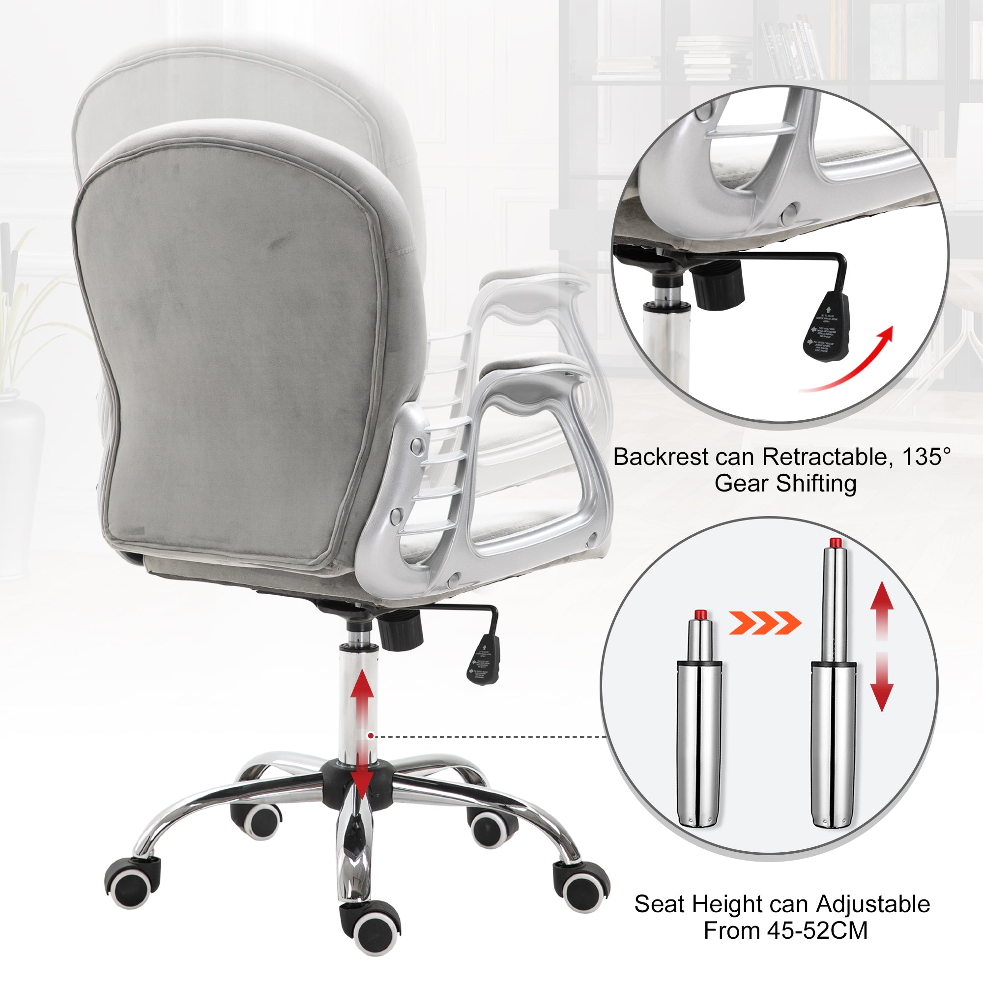 Vinsetto Bürostuhl, Ergonomisch Schreibtischstuhl mit Armlehne, Gepolsterter Rückenlehne, Höhenverstellbar Computerstuhl mit Velvetoptik, Drehstuhl für Home Office, Grau
