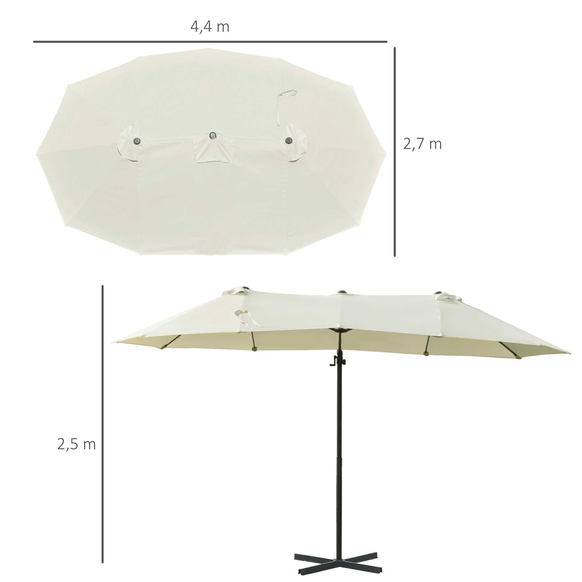 Outsunny Doppelsonnenschirm Ampelschirm Doppelschirm mit Kurbel Verstellbarer Gartenschirm Sonnenschutz Metall Cremeweiß 440 x 270 x 250 cm