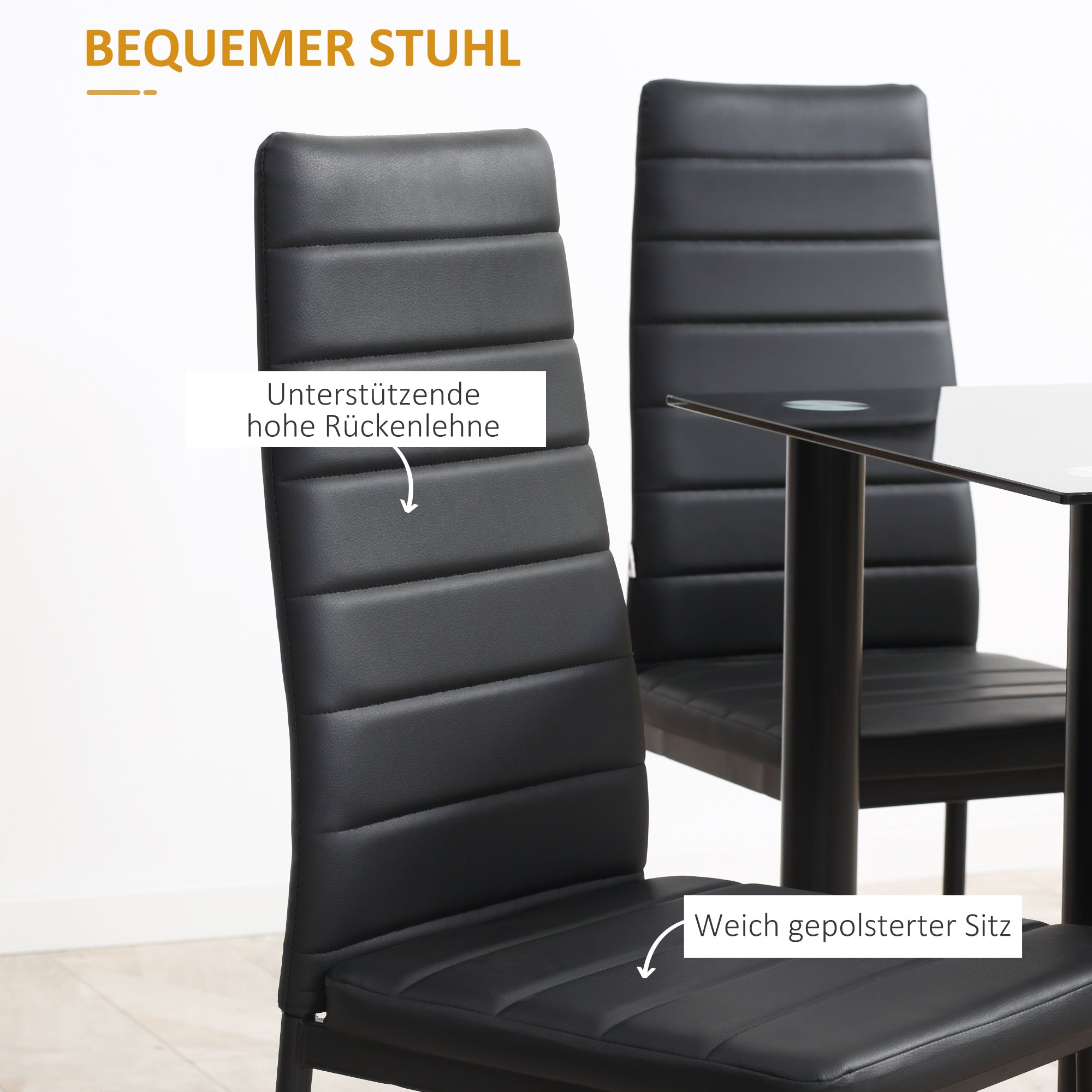 HOMCOM 5-tlg. Essgruppe Sitzgruppe Esstisch mit 4 Stühlen, modernes Design, Glastisch, Schwarz