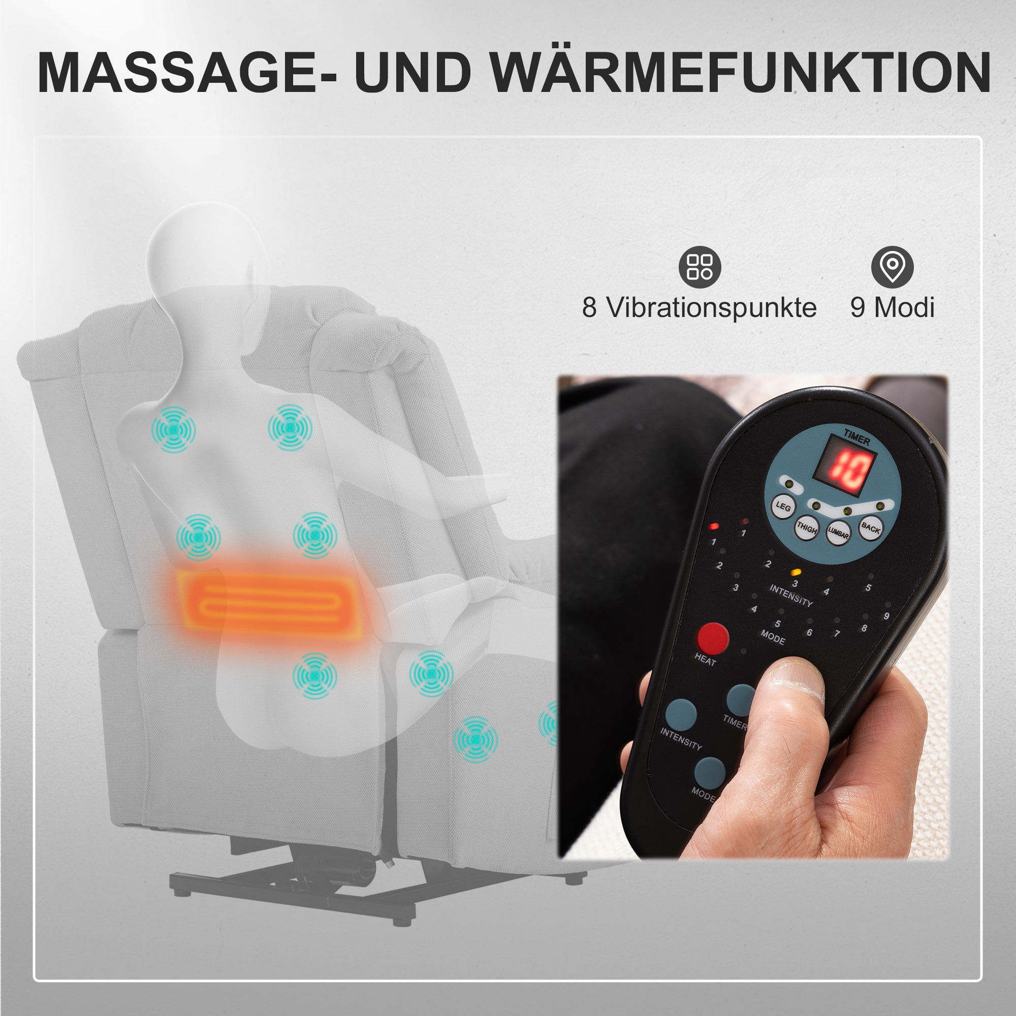 HOMCOM Powerlift-Sessel, Massagesessel mit Wärmefunktion, Polstersessel mit Fußstütze, Seitentasche, Stoffbezug, Dunkelgrau