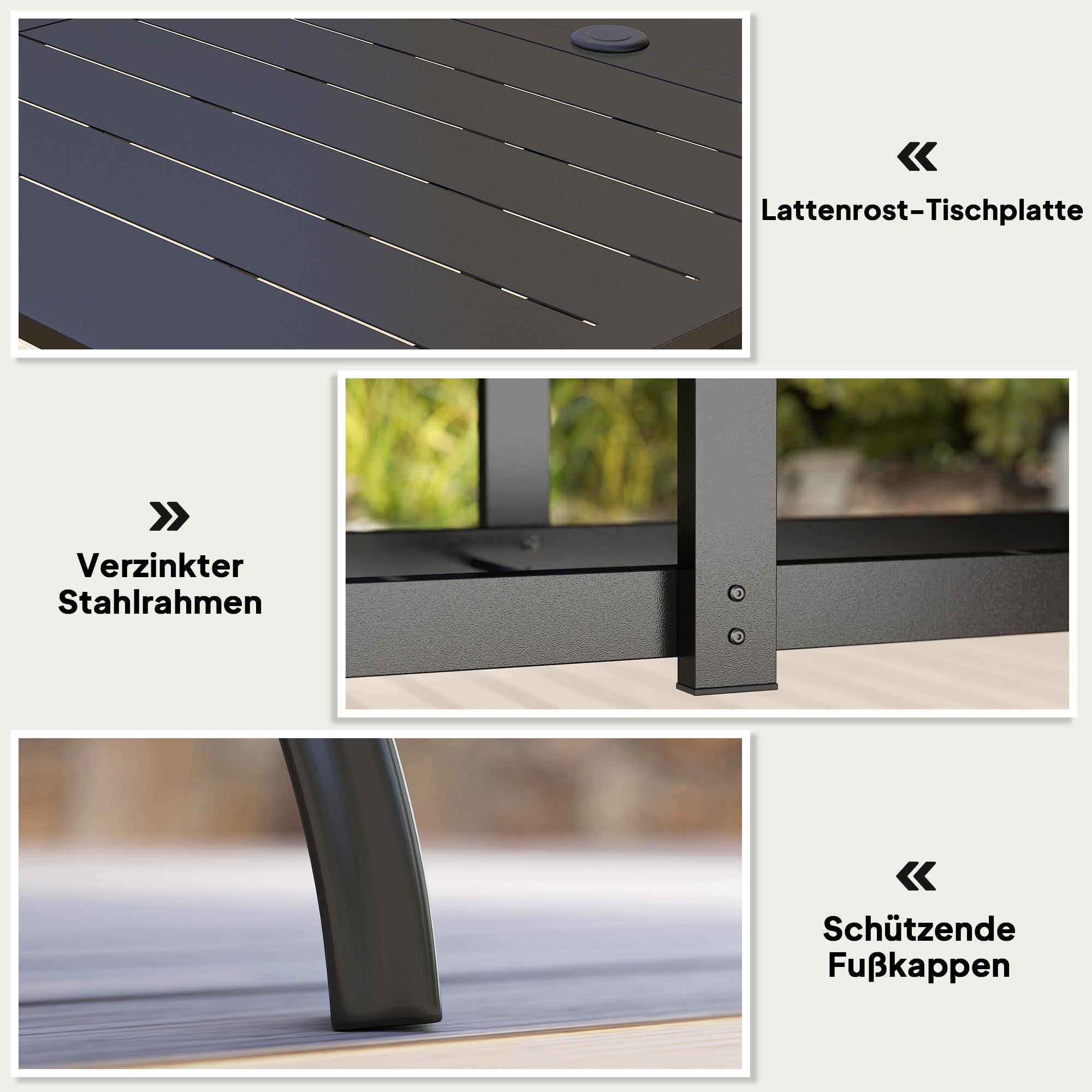 Outsunny Gartentisch Stahl 150x90 cm Wetterfest Balkontisch mit Schirmloch, Lamellen-Design für 6 Personen Schwarz