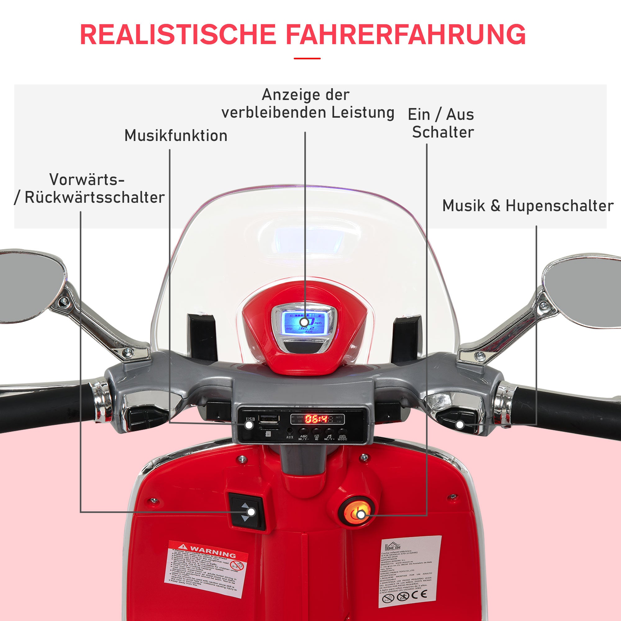 HOMCOM Kinder Elektro-Motorrad, 6V Kindermotorrad mit Scheinwerfer, Musik, Vor- und Rückwärtsgang, Trainingsräder, 30 kg belastbar, Elektromotorrad für 3-6 Jahre Kinder, Rot