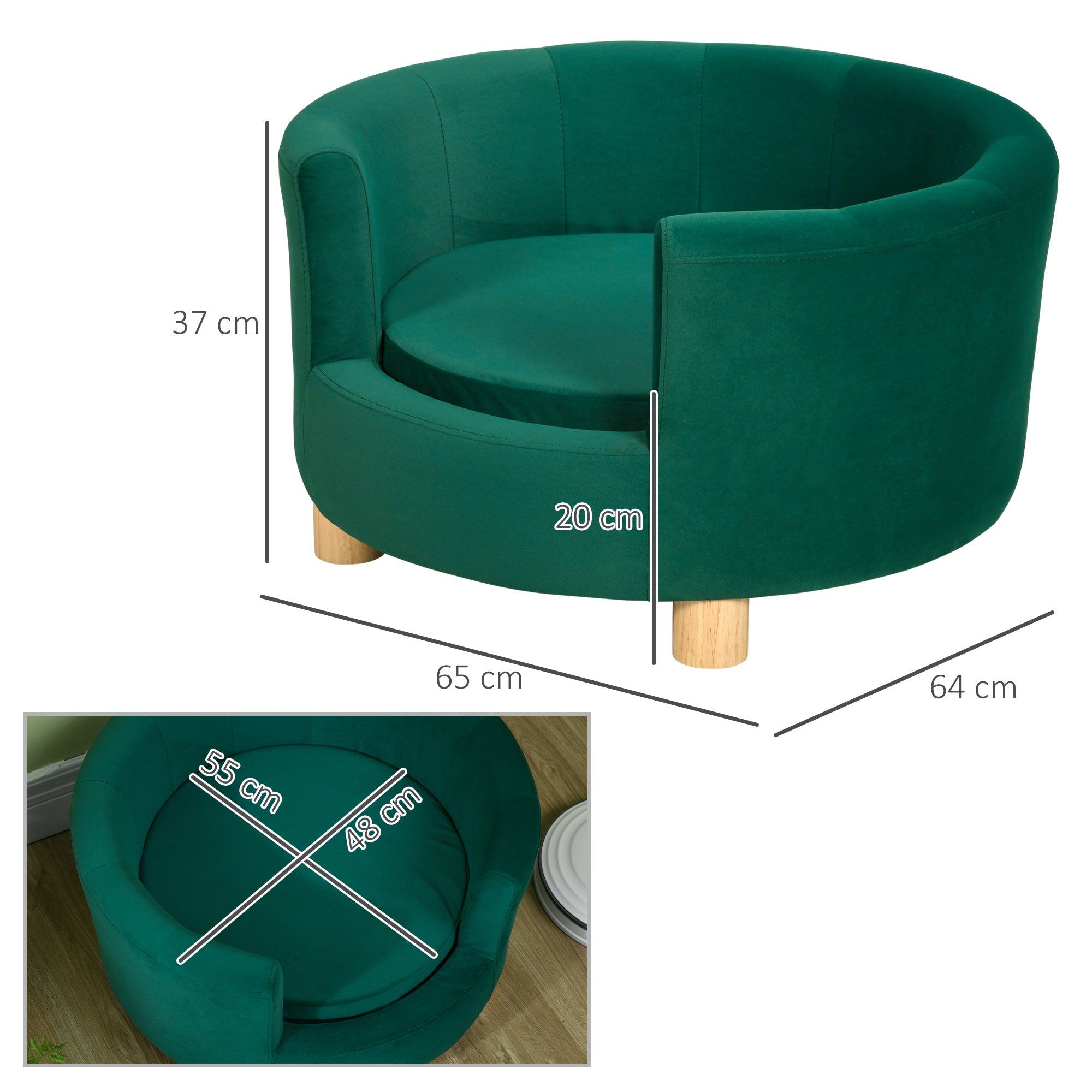 PawHut Hundesofa Hundecouch, Waschbarer Bezug, Haustiersofa mit Rückenlehne und Holzbeine, Katzensofa, für kleine Hunde unter 4,5 kg, Grün