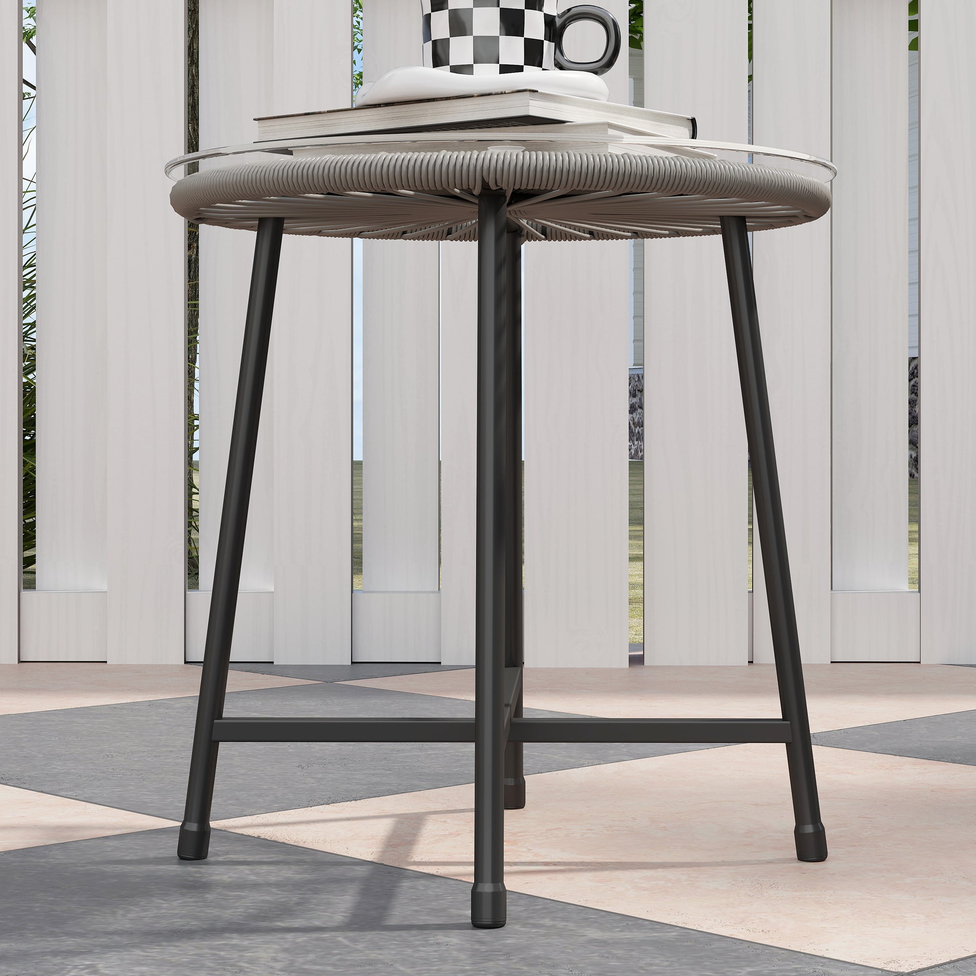 Outsunny 3-teiliges Outdoor-Möbelset, 1 Tisch, 2 Stühle, Rattan-Geflecht, Stahlrahmen, Kaffeetisch mit Glasplatte, Dunkelgrau