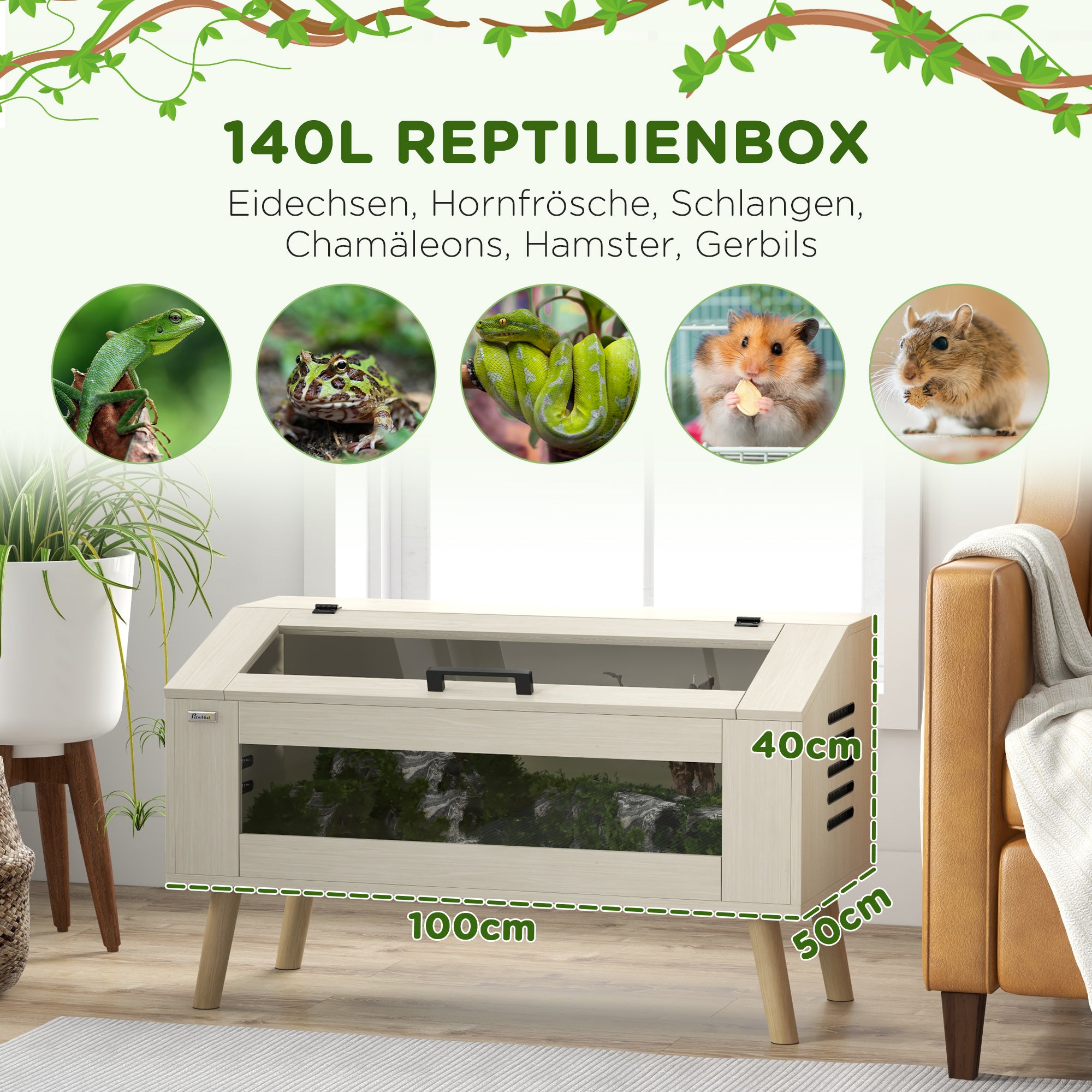 PawHut Reptilienbox, Eidechsenkasten, 140 Liter, Heizkissen-kompatibel, Glasfenster