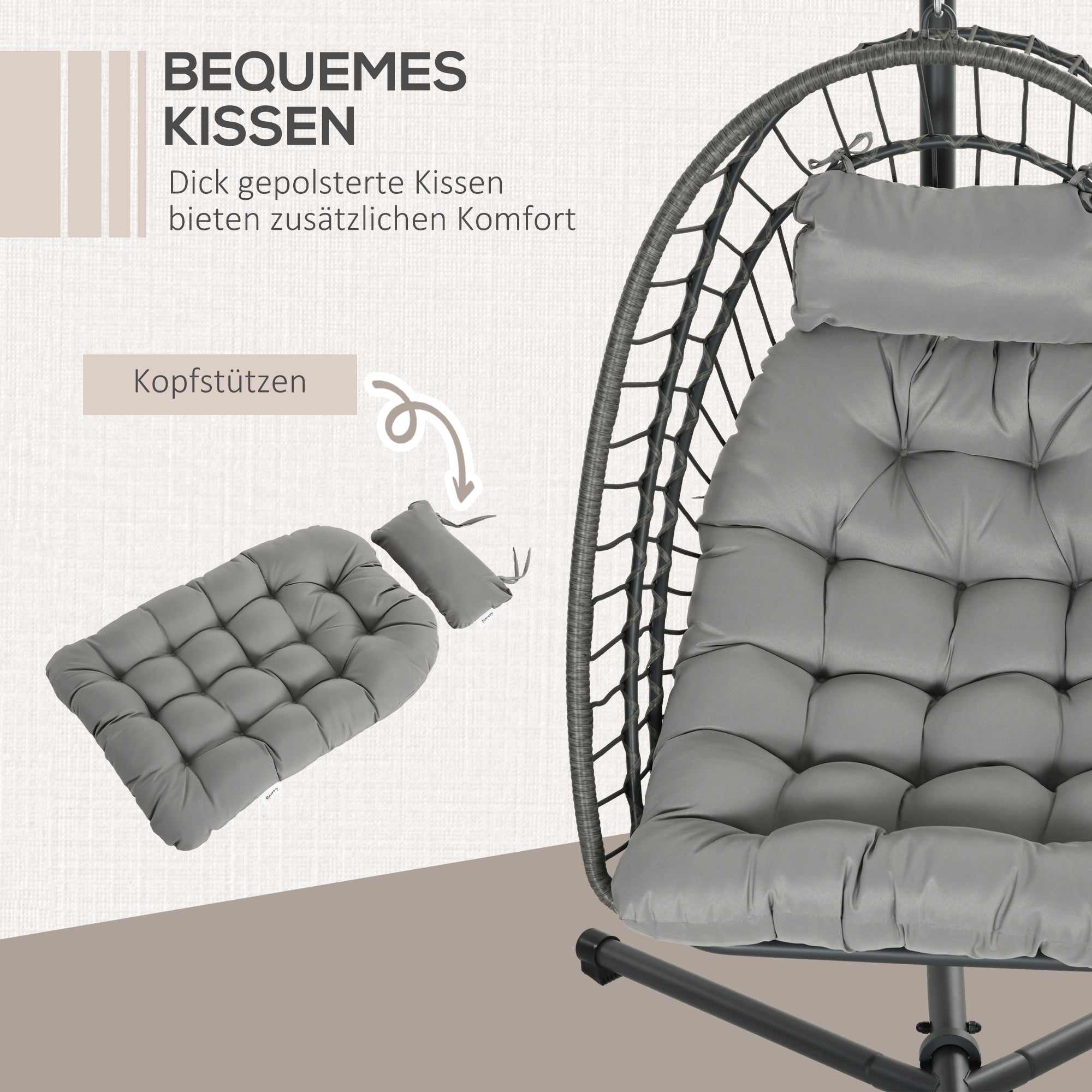 Outsunny Hängesessel Korbsessel Loungesessel, wetterbeständig, 1 Polster, 100 cm x 131 cm x 194 cm, Hellgrau