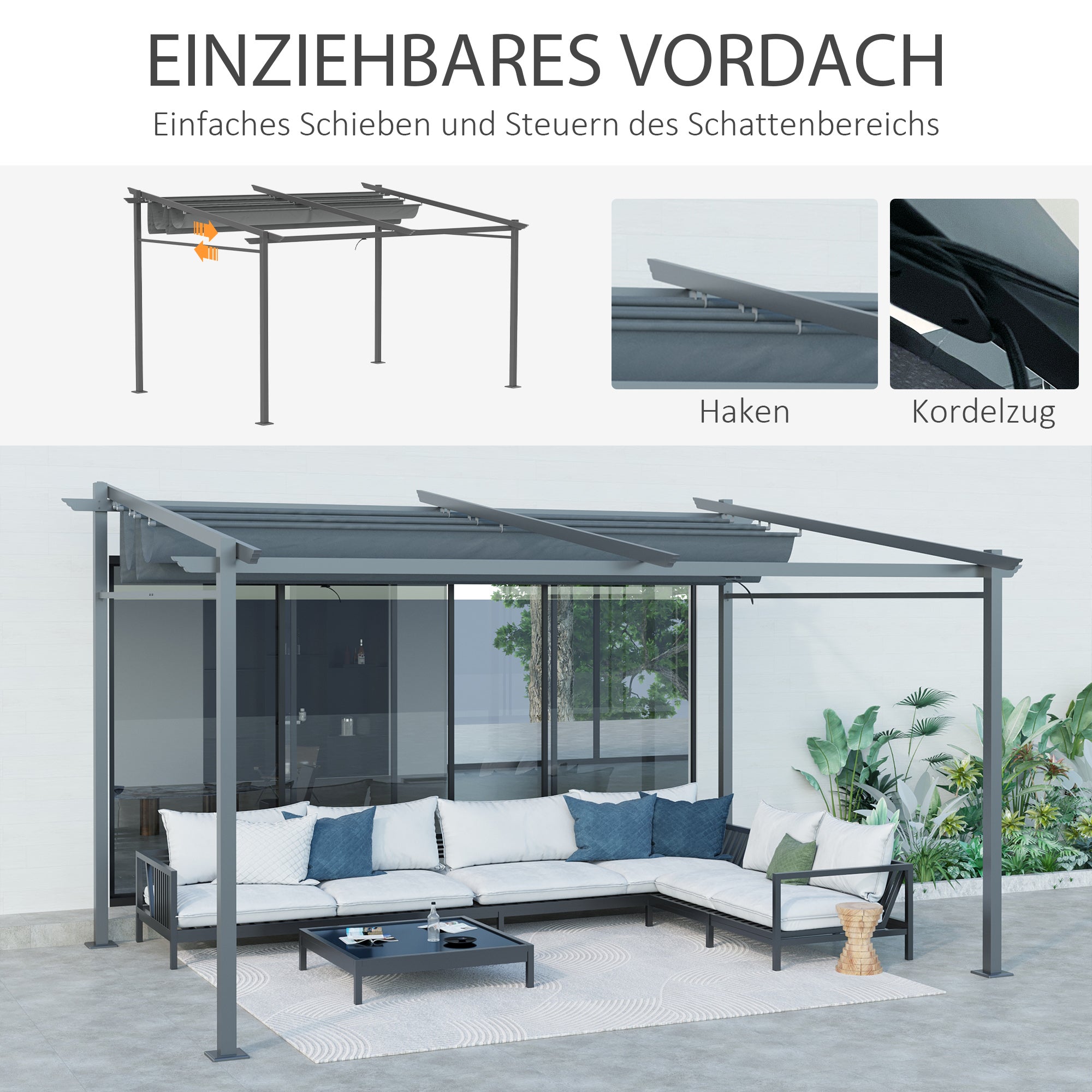 Outsunny Pergola, inklusive Befestigungsmaterial, ausziehbares Dach, 3,97 m x 2,95 m x 2,3 m, Dunkelgrau
