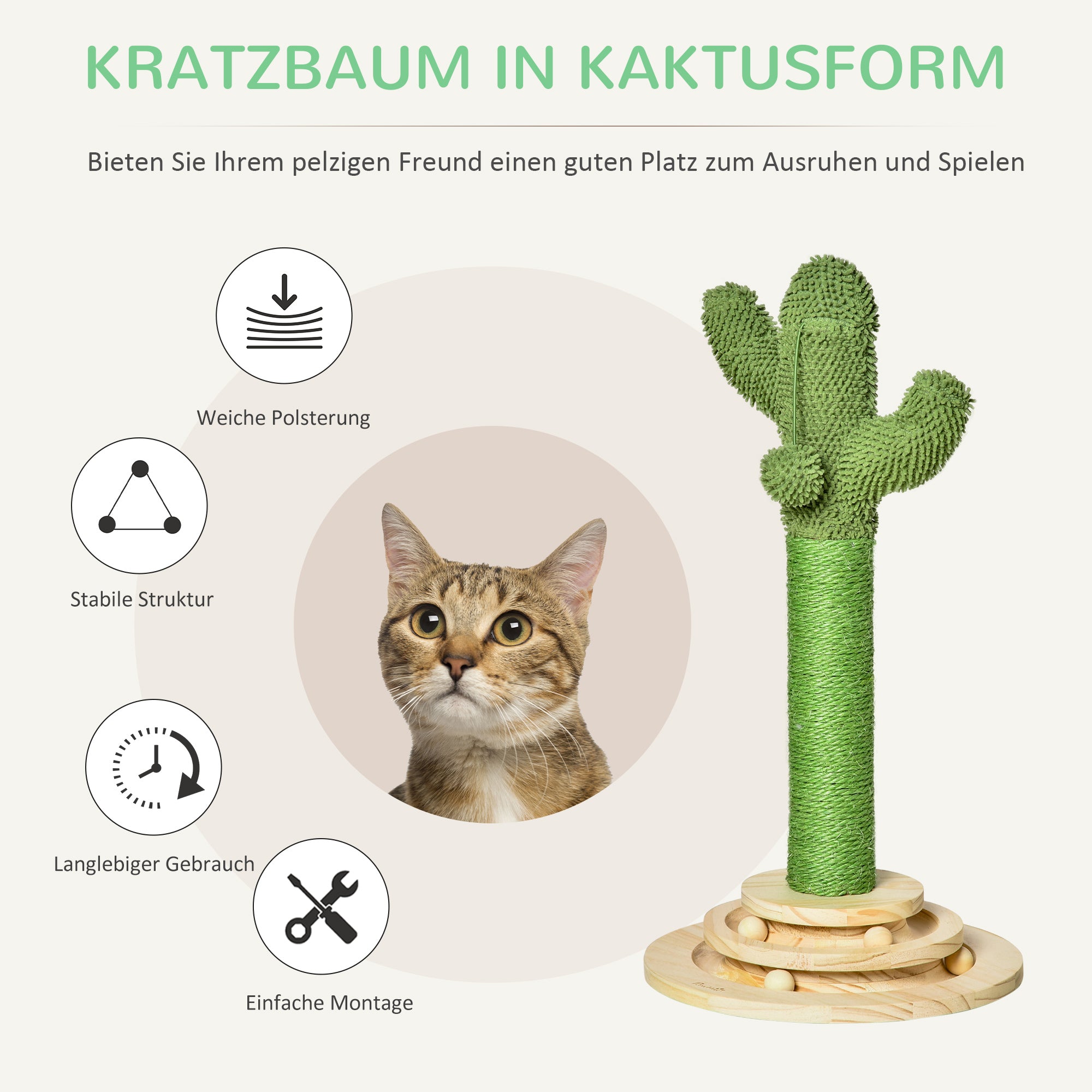 PawHut Katzen Kratzbaum Kaktus Katzenbaum Kiefernholz Sisal Seil Kratzstamm mit Holzkugel-Katzenspielzeug für Katzen 60 cm Hoch Grün+Natur