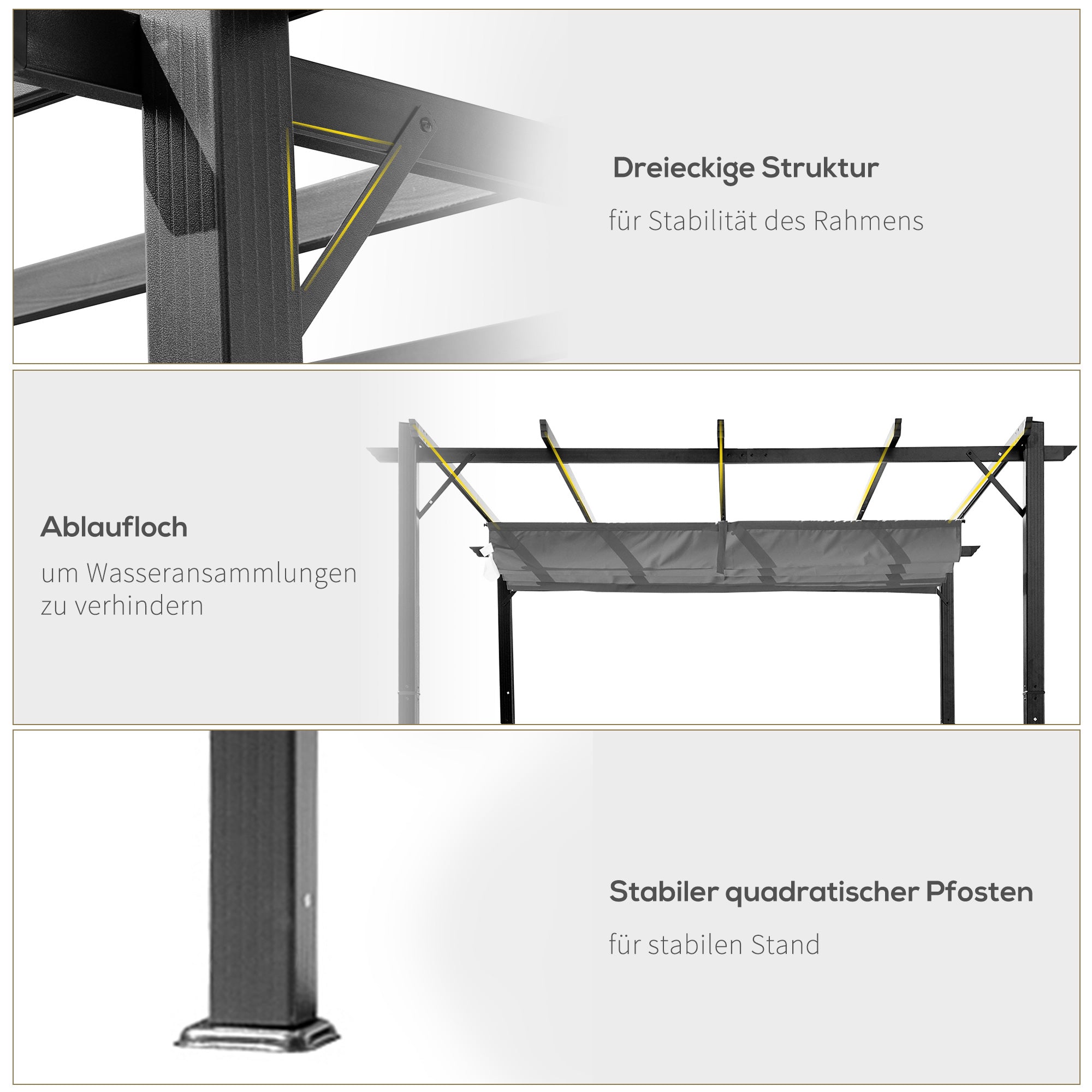 Outsunny Pergola Pavillon Terrassenüberdachung mit Schiebedach Garten Alu Kohlegrau+Dunkelgrau 3x3x2,23 m