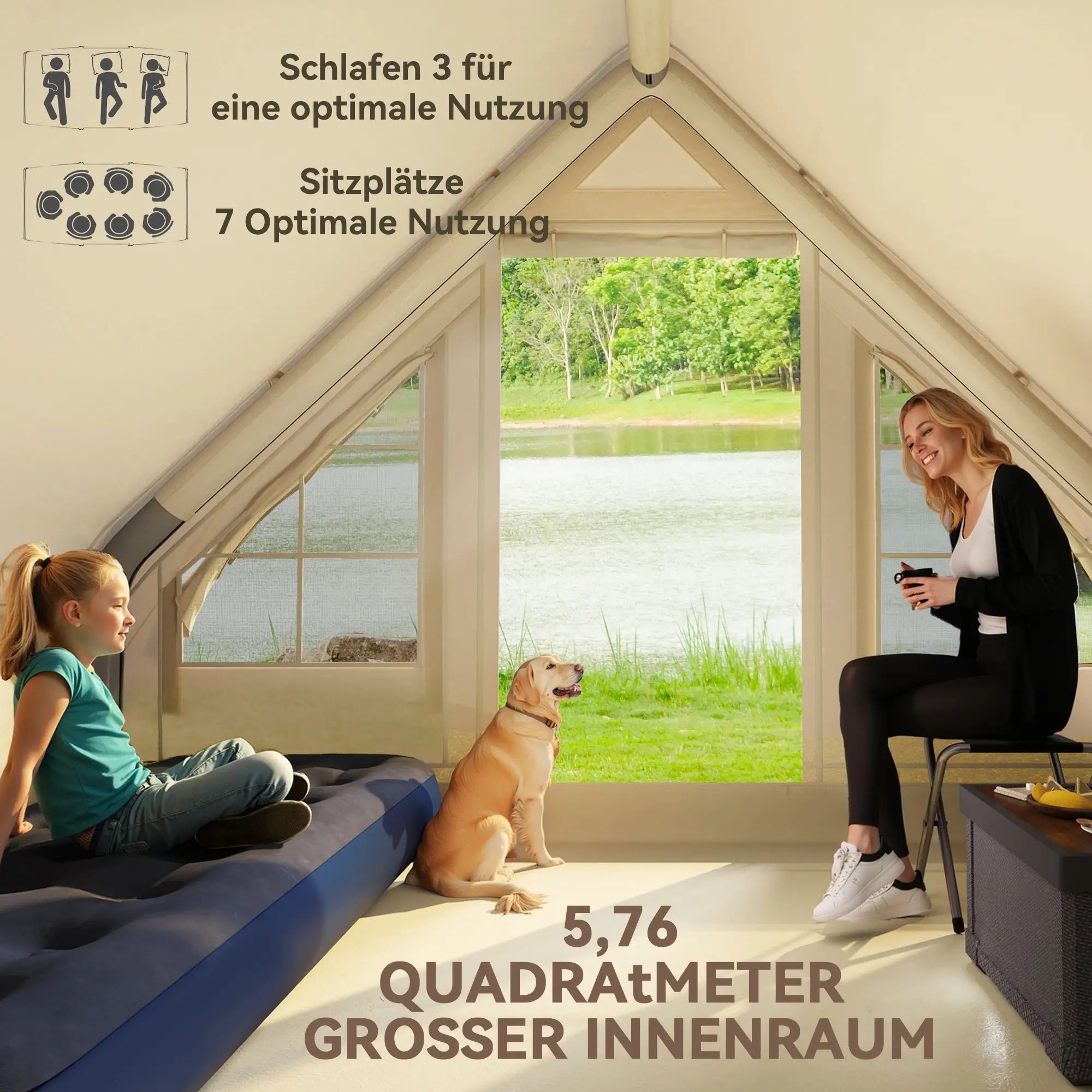 Outsunny Aufblasbares Campingzelt, 3 Personen, mit Luftpumpe & Tasche
