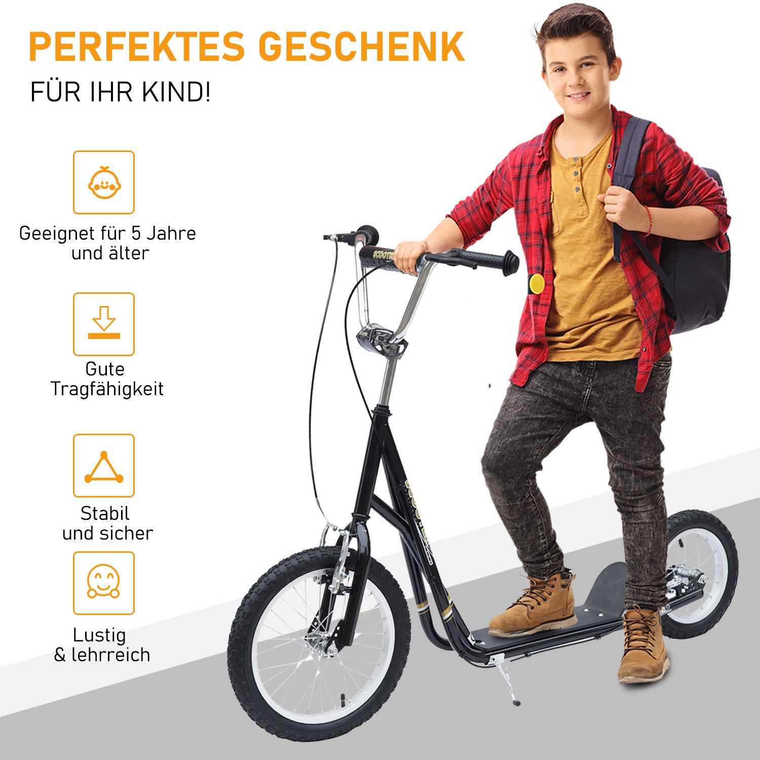 HOMCOM Kinderroller 16/12 Zoll Scooter Tretroller mit Bremsen Cityroller Kickboard Kinder Roller für 5+ Jahre Kinder Schwarz 135 x 58 x 92-100 cm