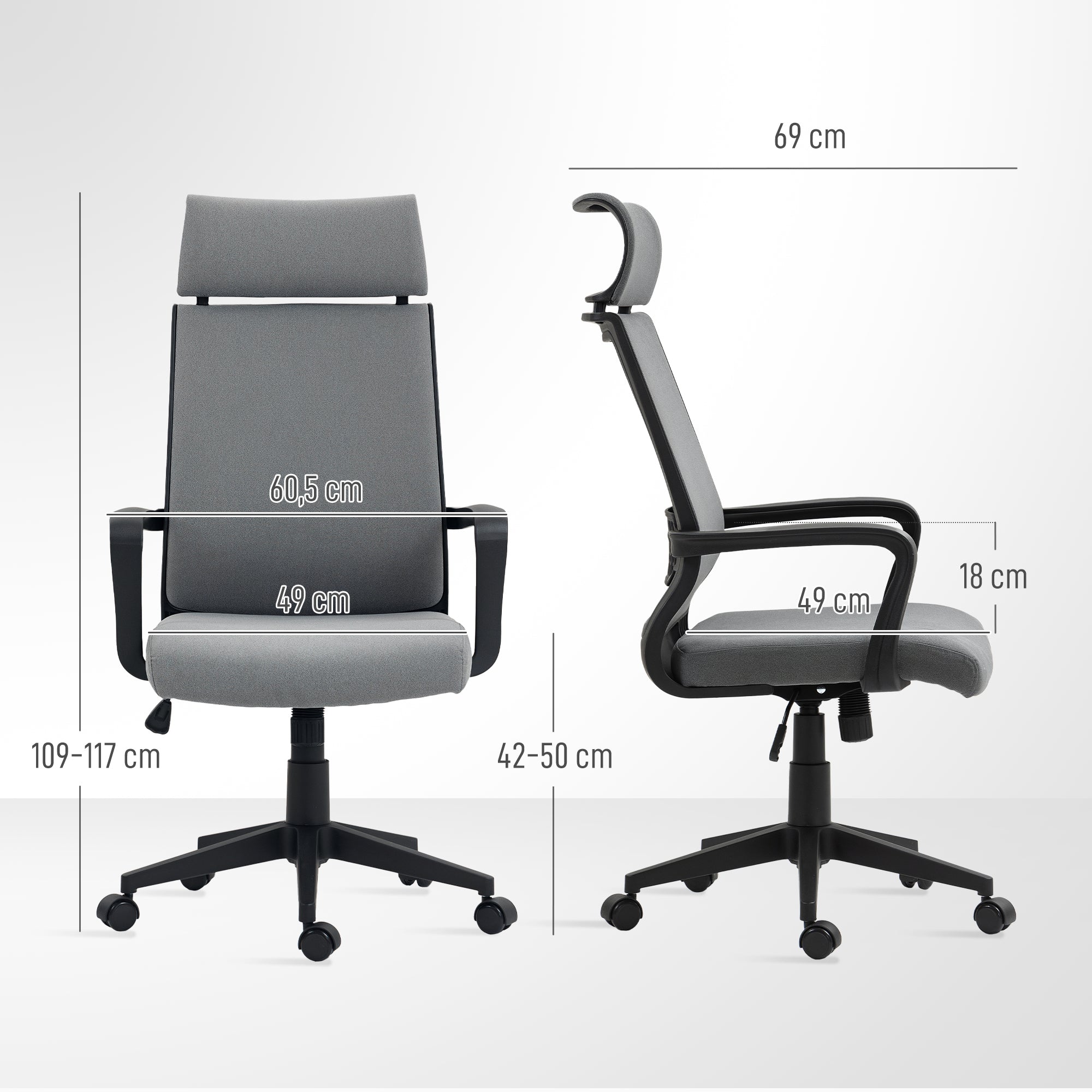 HOMCOM Bürostuhl mit weicher Rückenlehne, Räder, Armlehnen, höhenverstellbarer Schreibtischstuhl, Kunstwolle, Grau