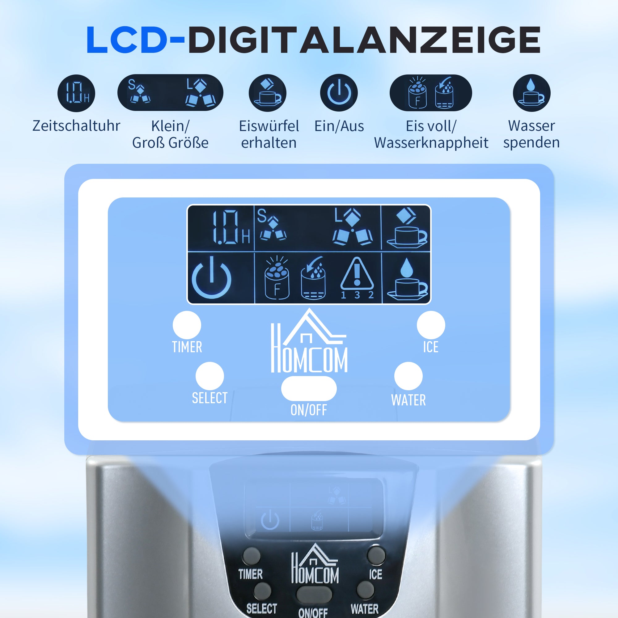 HOMCOM Eiswürfelmaschine Eiswürfelbereiter Ice-Maker, Timer-Funktion, 1,2 L Wassertank,  Silber