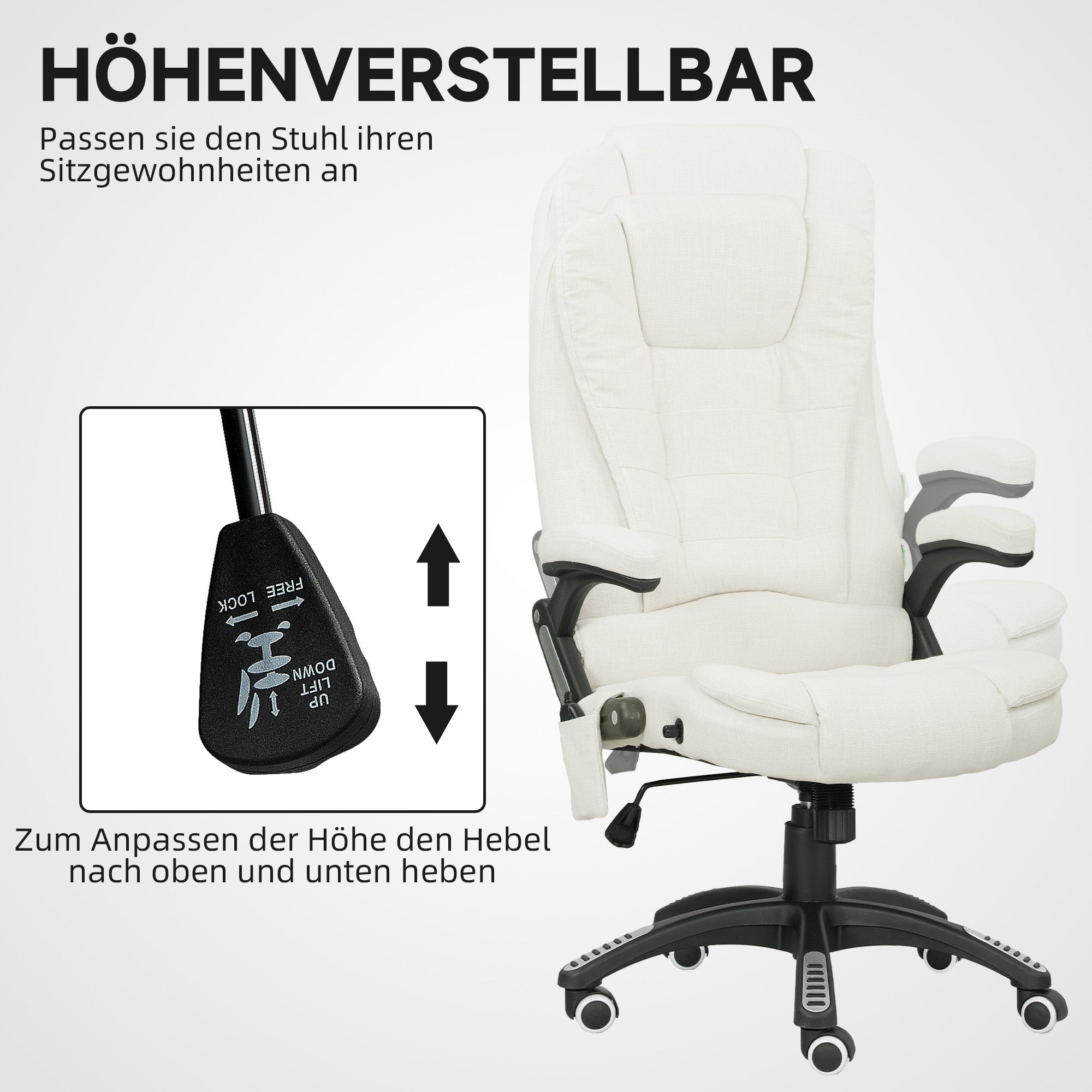 Vinsetto Ergonomischer Schreibtischstuhl mit Massagefunktion, 68 x 72 x 110–120 cm, Cremeweiß