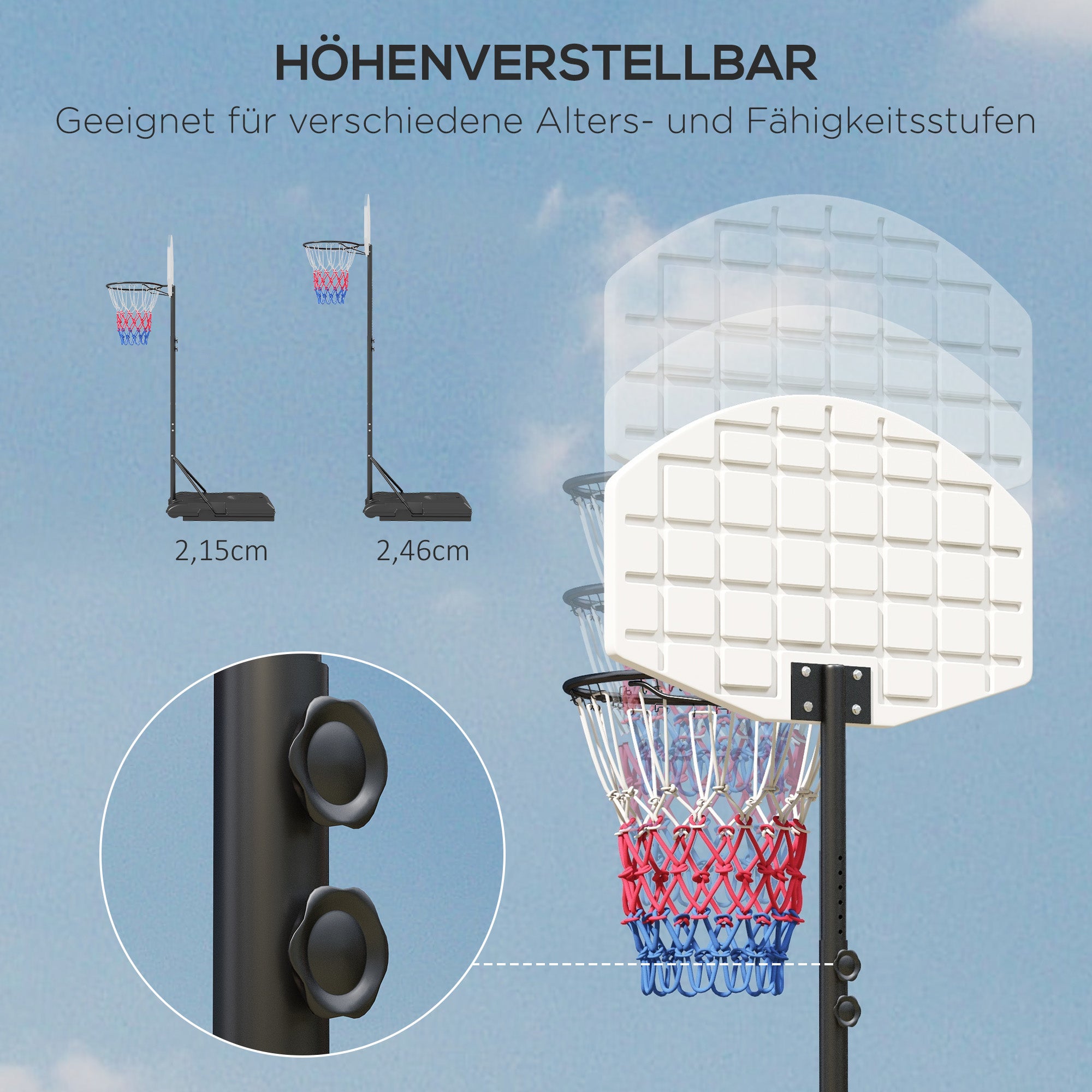 SPORTNOW Höhenverstellbarer Basketballkorb, freistehend, mit Netz und Rädern, große Basis, 179-209 cm, Kunststoff, Stahl