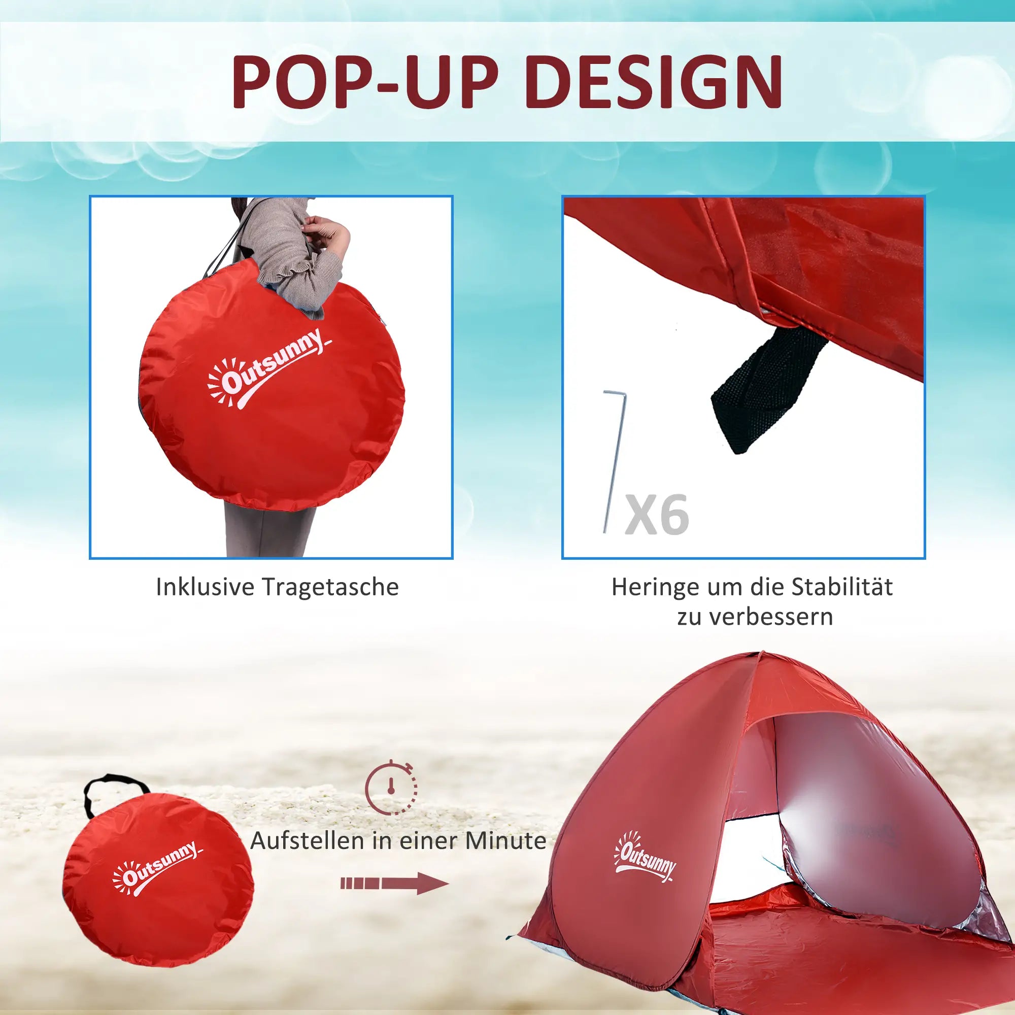 Outsunny Wurfzelt Strandmuschel Pop Up für 2-3 Personen schnellaufbauend