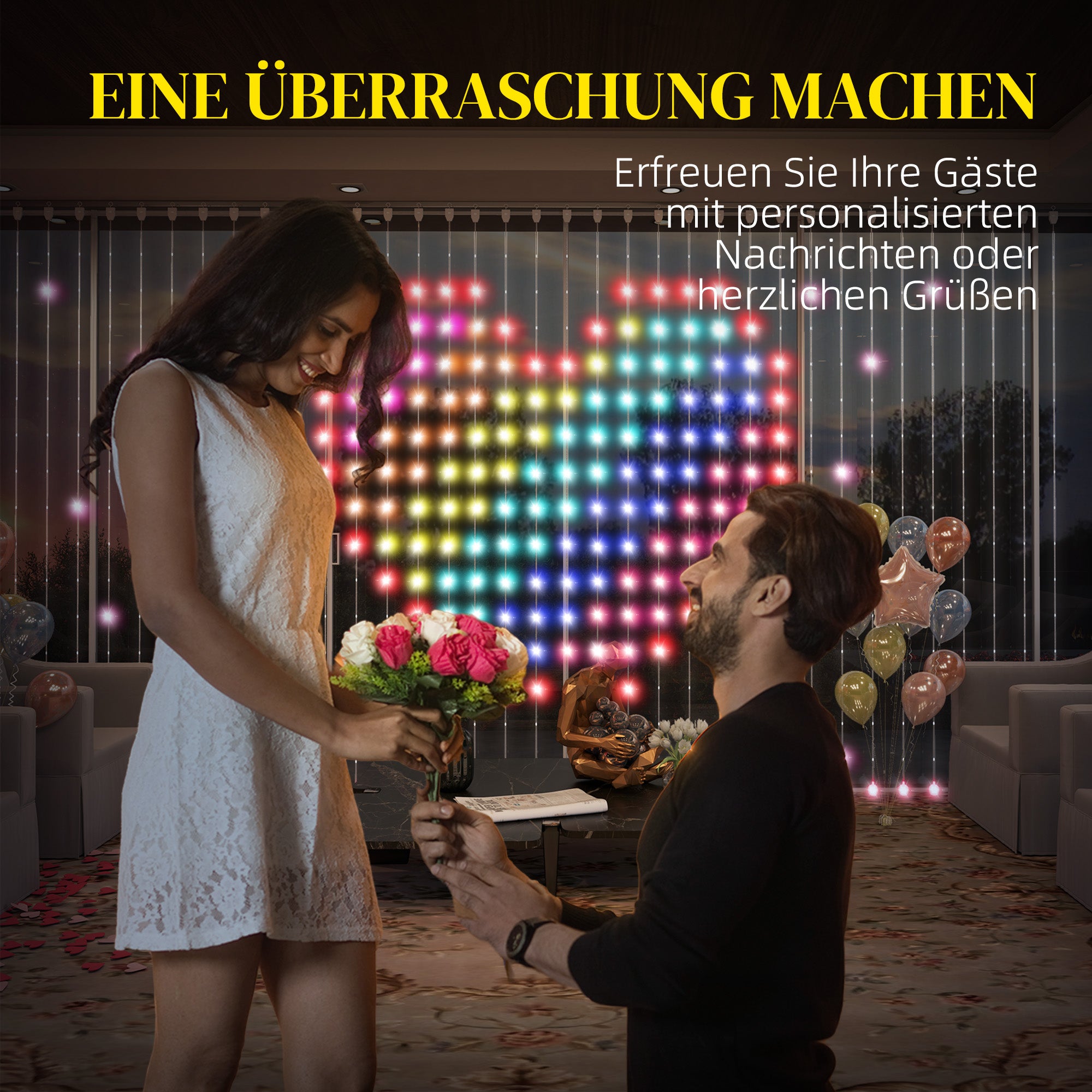 HOMCOM Vorhang mit 400 LED-Lichtern, Dynamische Lichterketten mit Musiksynchronisation für Schlafzimmer, Wohnzimmer, 3 x 3 m