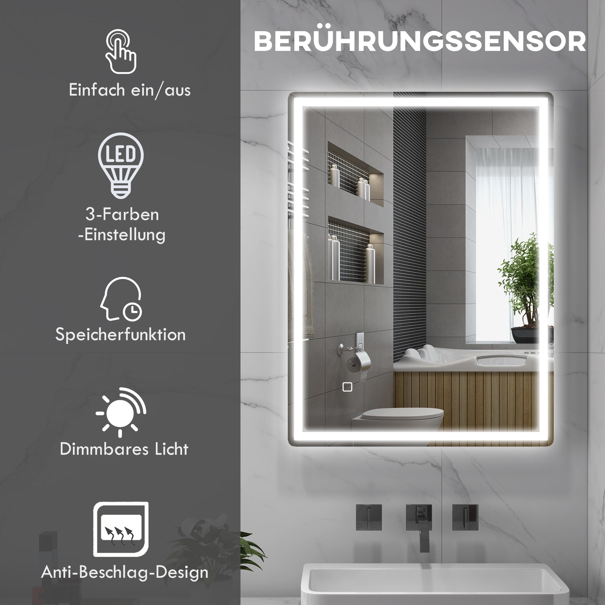 HOMCOM Badspiegel Badezimmerspiegel Wandspiegel LED´s. Ber, gsschalter, Antibeschlagfunktion, 60 x 80 x 4 cm, Weiß