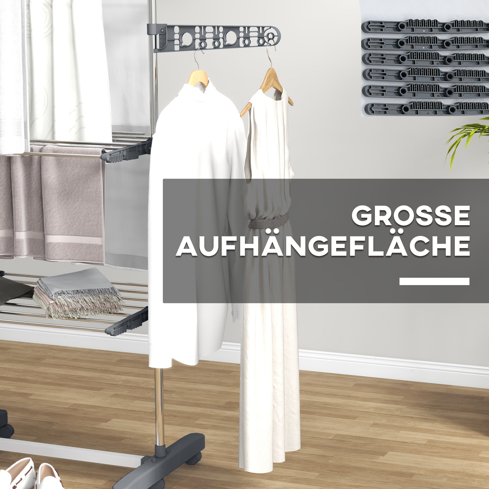 HOMCOM Wäschenständer Wäschetrockner. 4 Ebenen, klappbar, One-Klick-System, 142 cm x 55 cm x 152 cm Blau + Silber