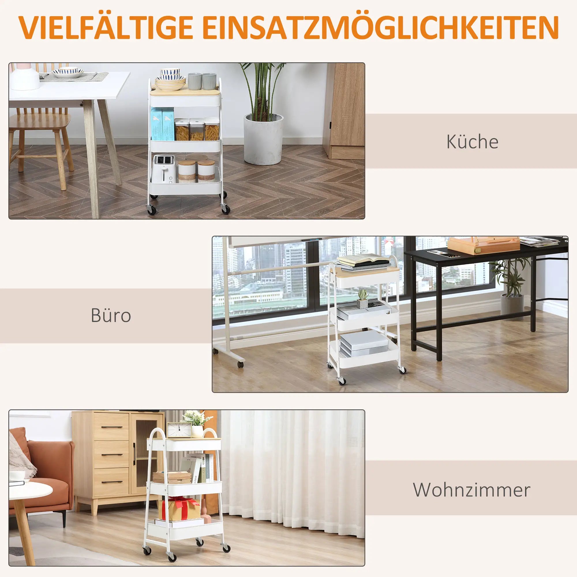 HOMCOM Servierwagen mit 3 Ebenen Küchenwagen mit Rollen Küchenregal mit Korb und Deckel Rollwagen Allzweckwagen für Küche Büro Badezimmer, Weiß