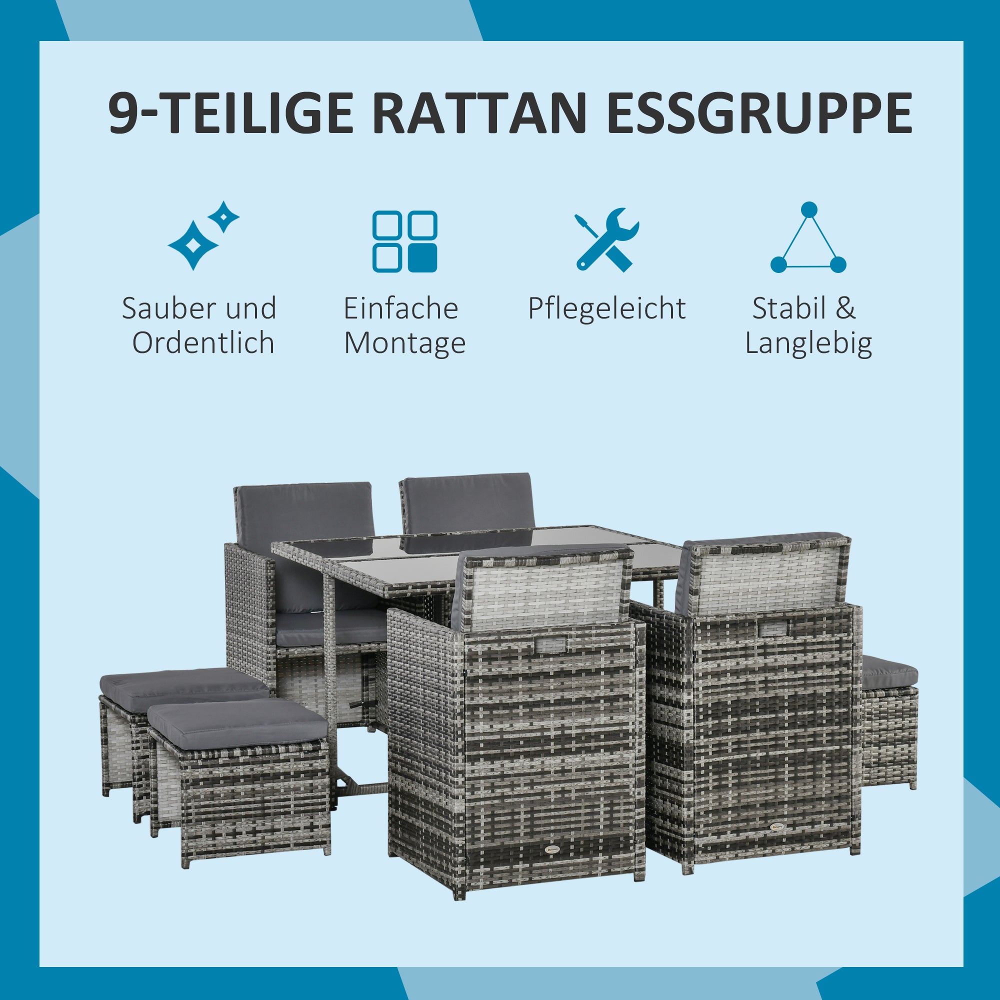 Outsunny Sitzgruppe für 8 Personen Polyrattan Gartenset Sitzgarnitur inkl. Kissen Grau