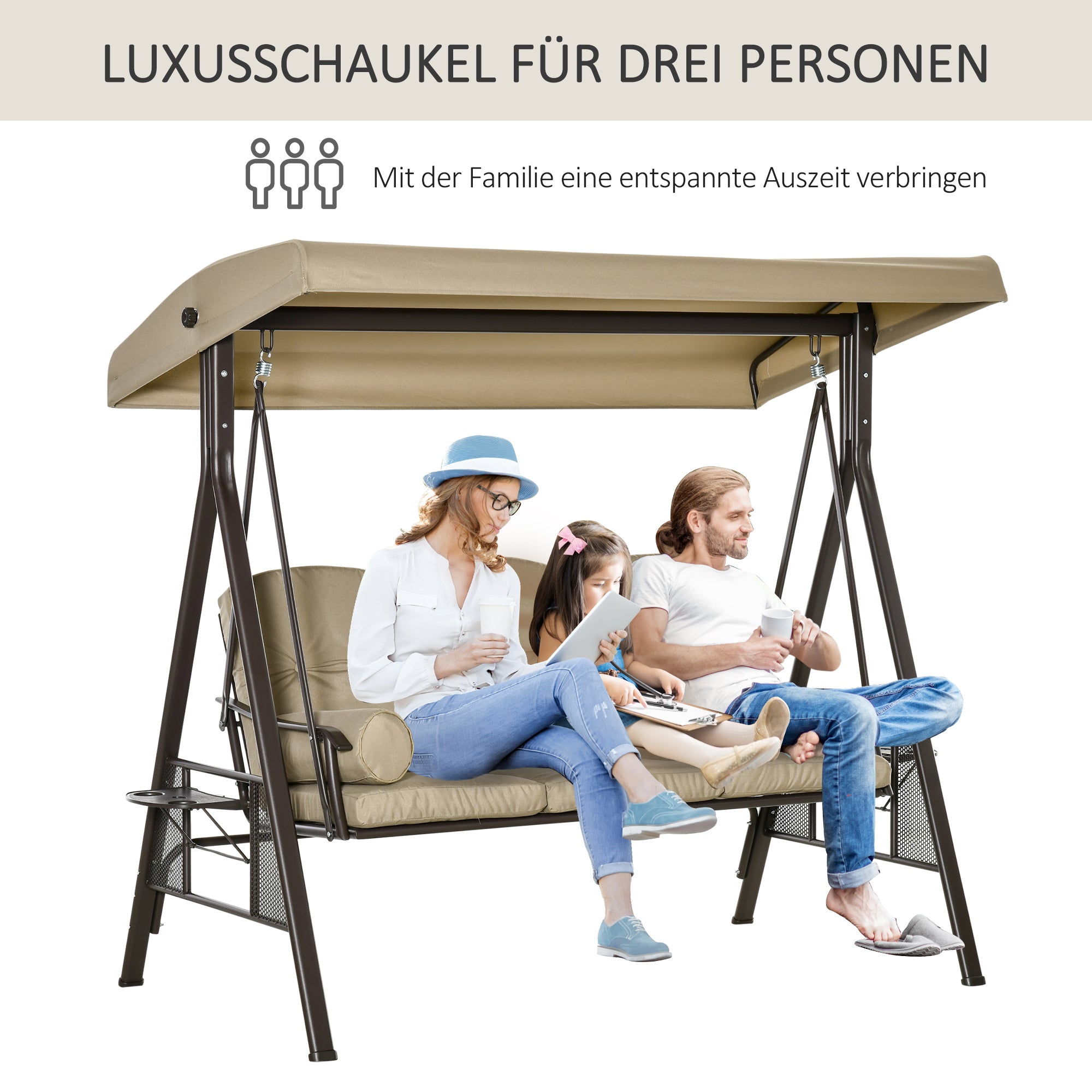 Outsunny 3-Sitzer Hollywoodschaukel Gartenschaukel mit Sonnendach Kissen Metall Polyester Khaki 116 x 206 x 183 cm
