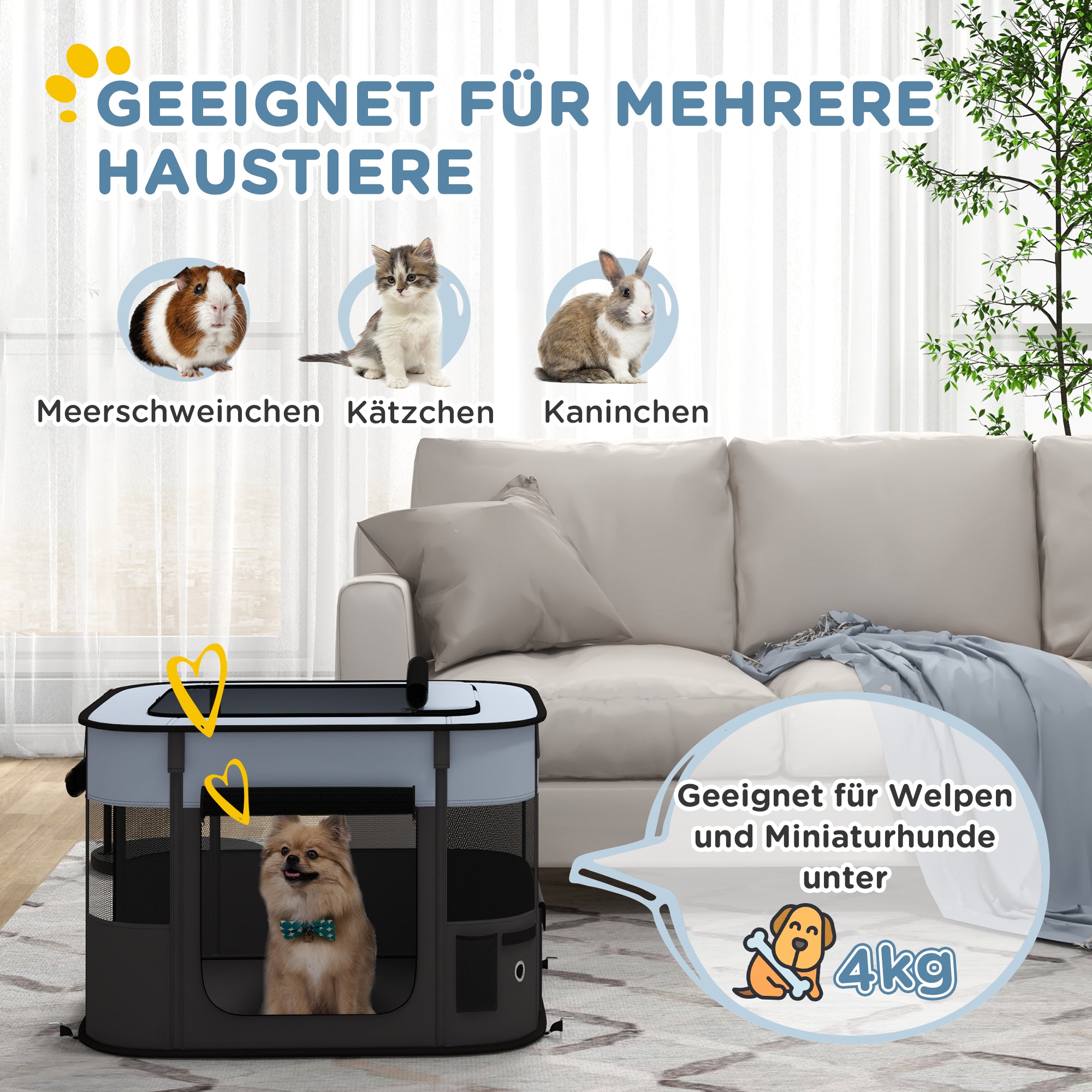 PawHut Spielgehege für Haustiere, faltbar, mit Aufbewahrungstasche, für Welpen und Kätzchen, drinnen und draußen, Grau