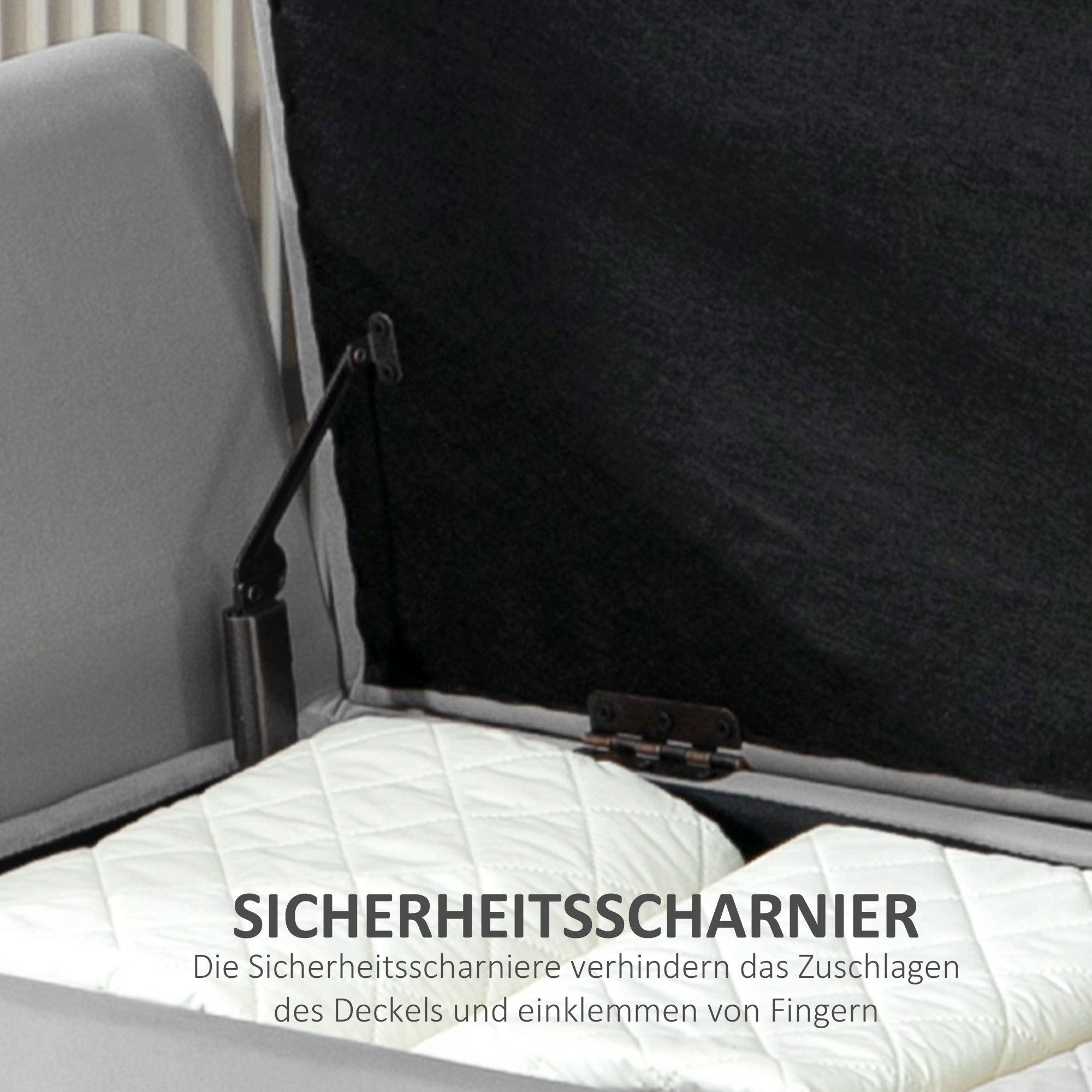 HOMCOM Sitzbank mit Stauraum und Armlehnen, Truhenbank, samtartiges Polyester, Kautschukholz, Hellgrau, 107 x 42 x 65 cm