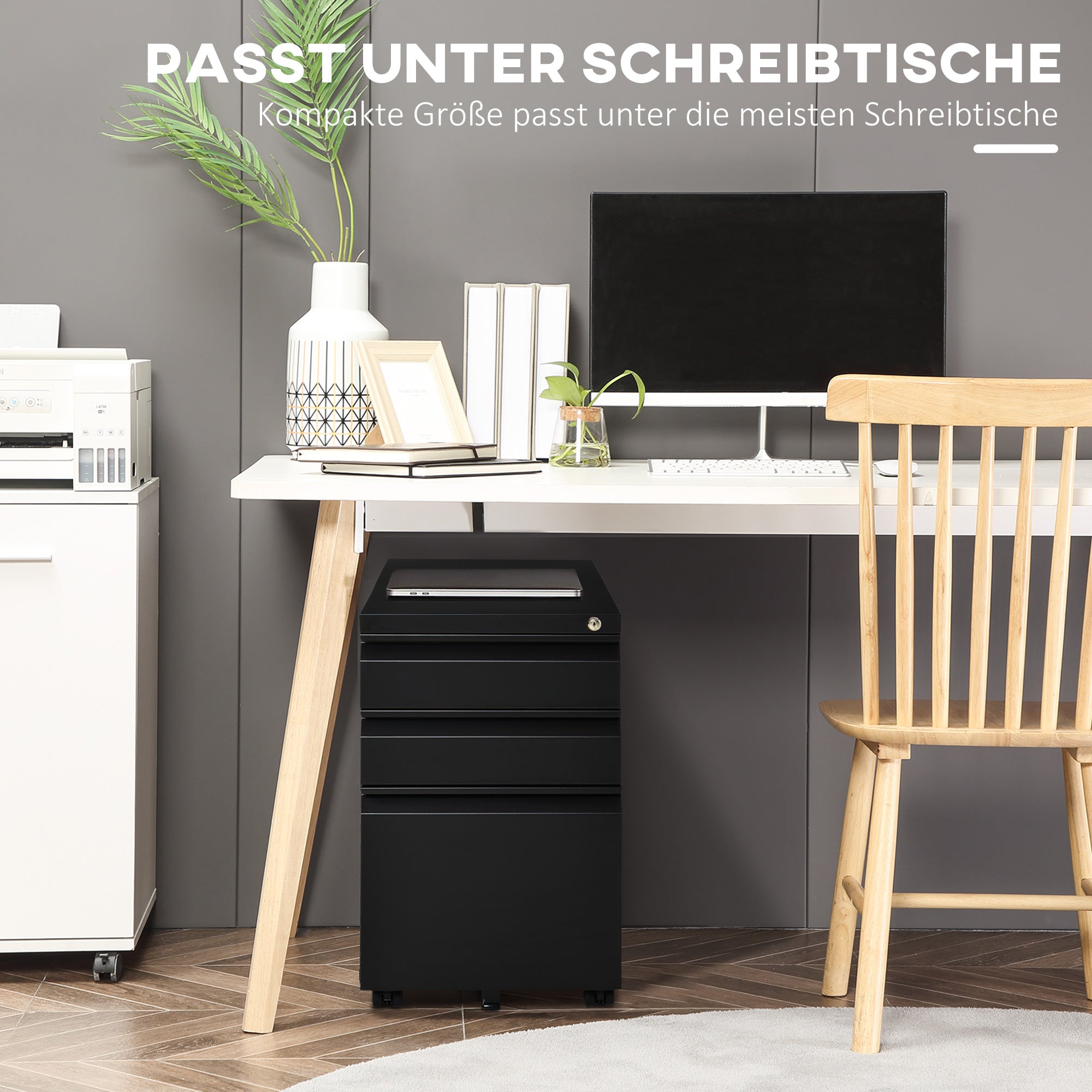 Vinsetto Rollcontainer, 3 Schubladen, 5 Räder, Hängeregister, abschließbar, Stahl, schwarz 39 x 48 x 60 cm