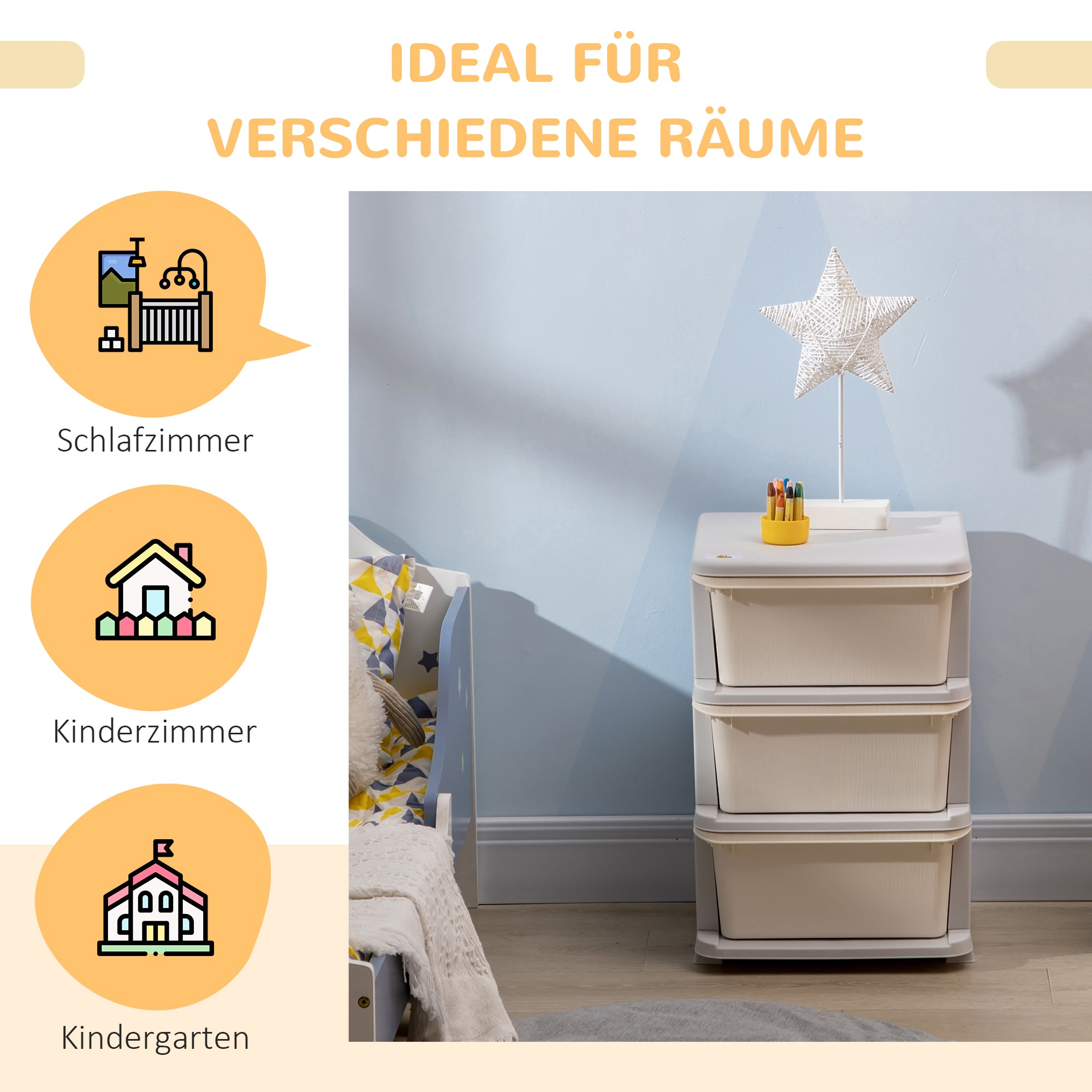 HOMCOM Aufbewahrungsboxen für Kinder, 3 große Schubladen, runde Kanten, Kunststoff, 37x37x56,5 cm, Cremeweiß