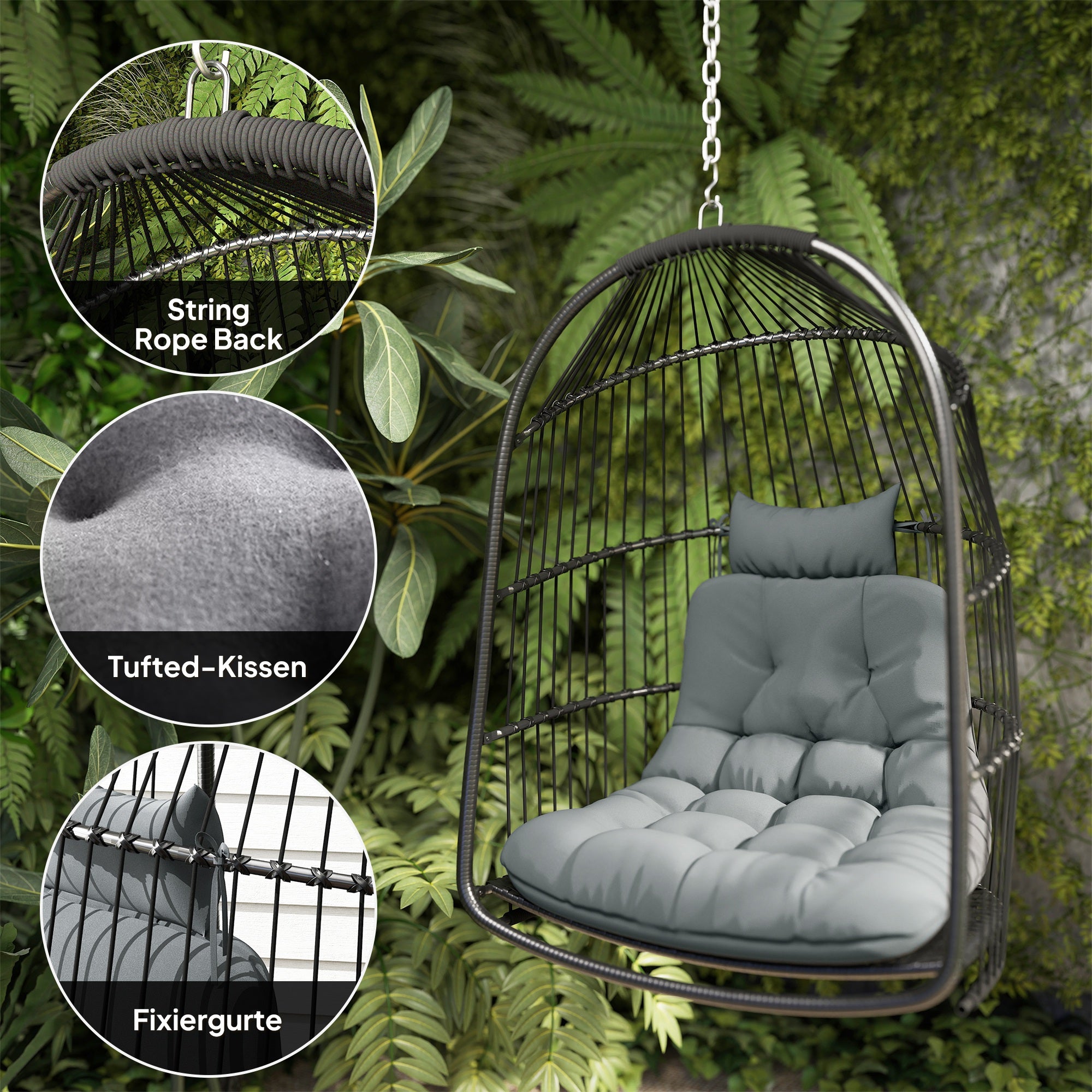 Outsunny Hängesessel Hängekorb mit Kissen Polyrattan Schaukel Outdoor Indoor faltbar belastbar bis 150kg Dunkelgrau
