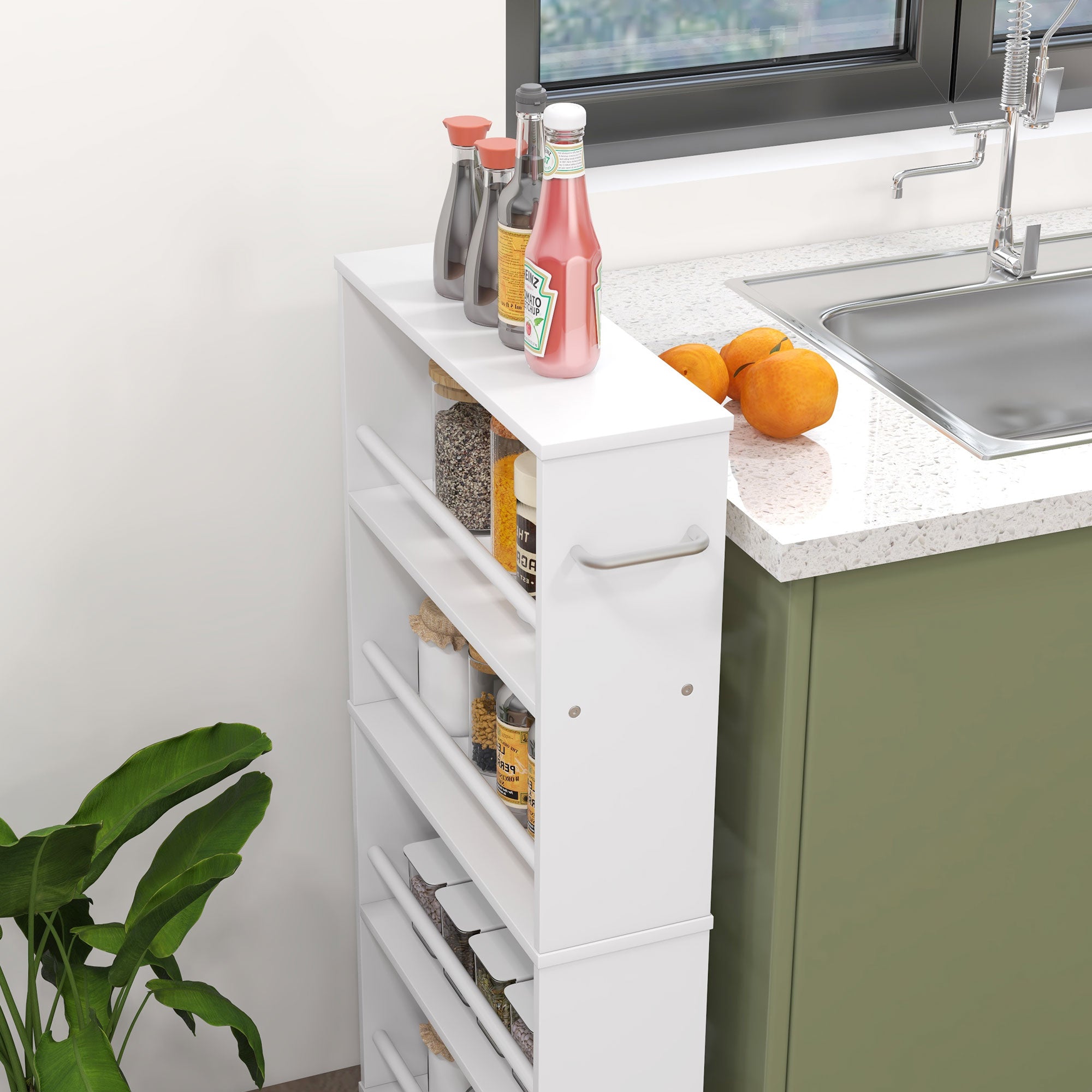 HOMCOM Multifunktionsregal mit Rollen, schmale Bauweise, 4 Fächer, 45x15x91 cm, Weiß