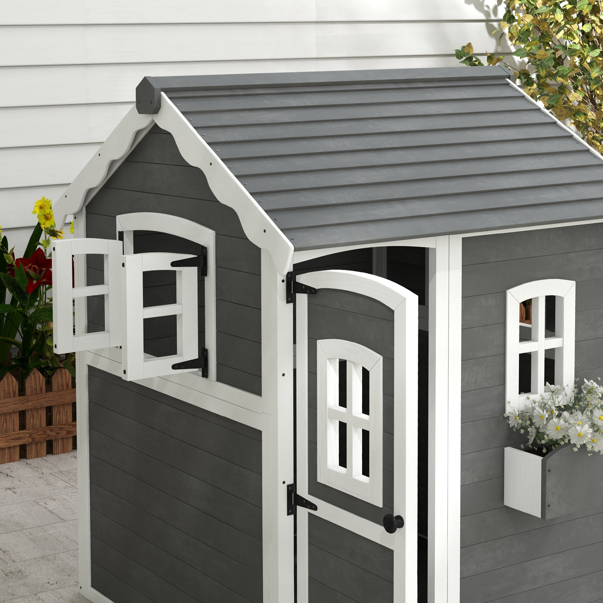 Outsunny Spielhaus für Kinder, Indoor- und Outdoor-Haus mit Tür, Fenstern und Pflanzkasten, Tannenholz, Grau