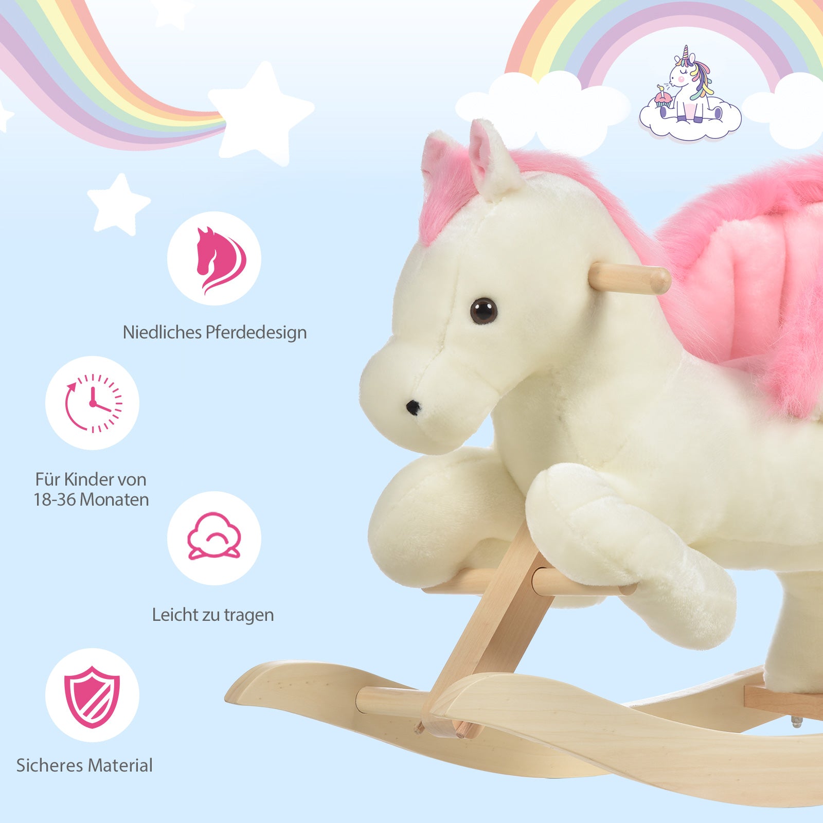HOMCOM Kinder Schaukelpferd Baby Schaukeltier Pferd mit Tiergeräusche Spielzeug Haltegriffe für 18-36 Monate Plüsch Weiß+Rosa 70 x 28 x 57 cm