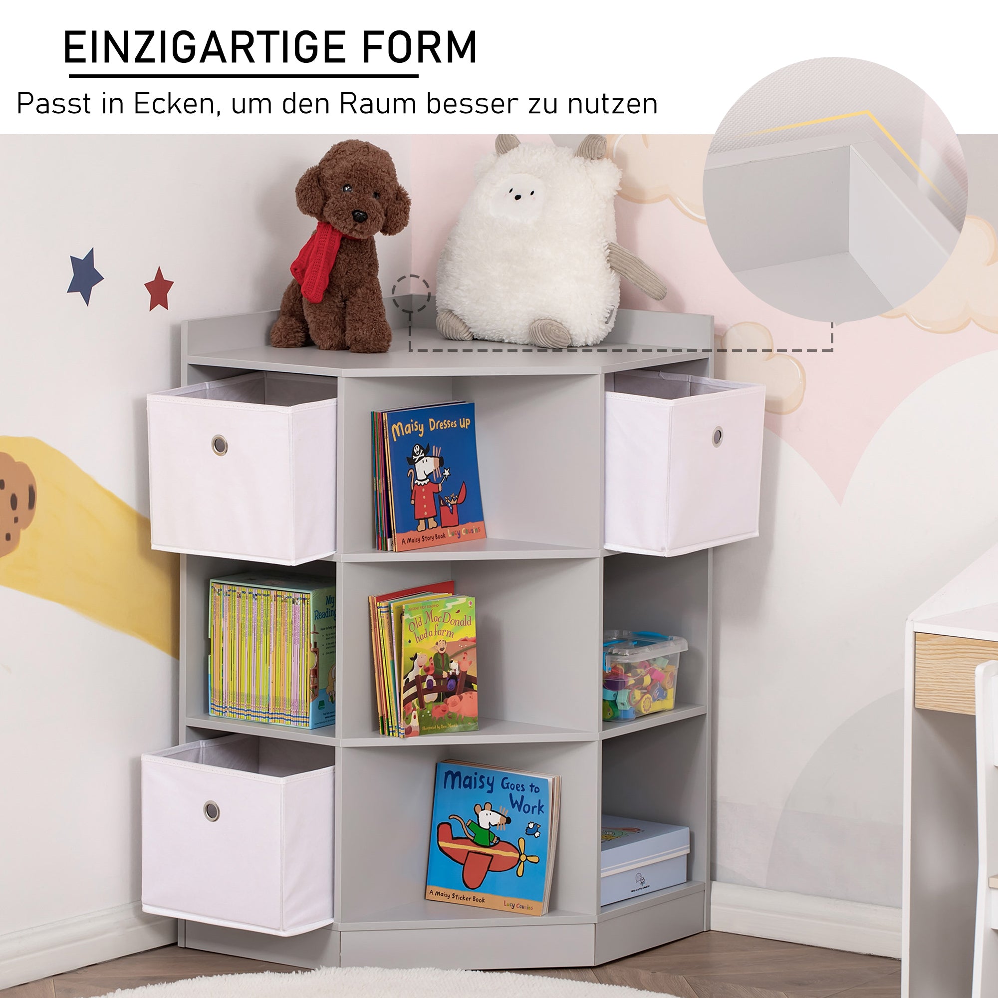 HOMCOM Aufbewahrungsregal für Kinder, 3 Vliesschubladen, MDF, kippsicher, Grau