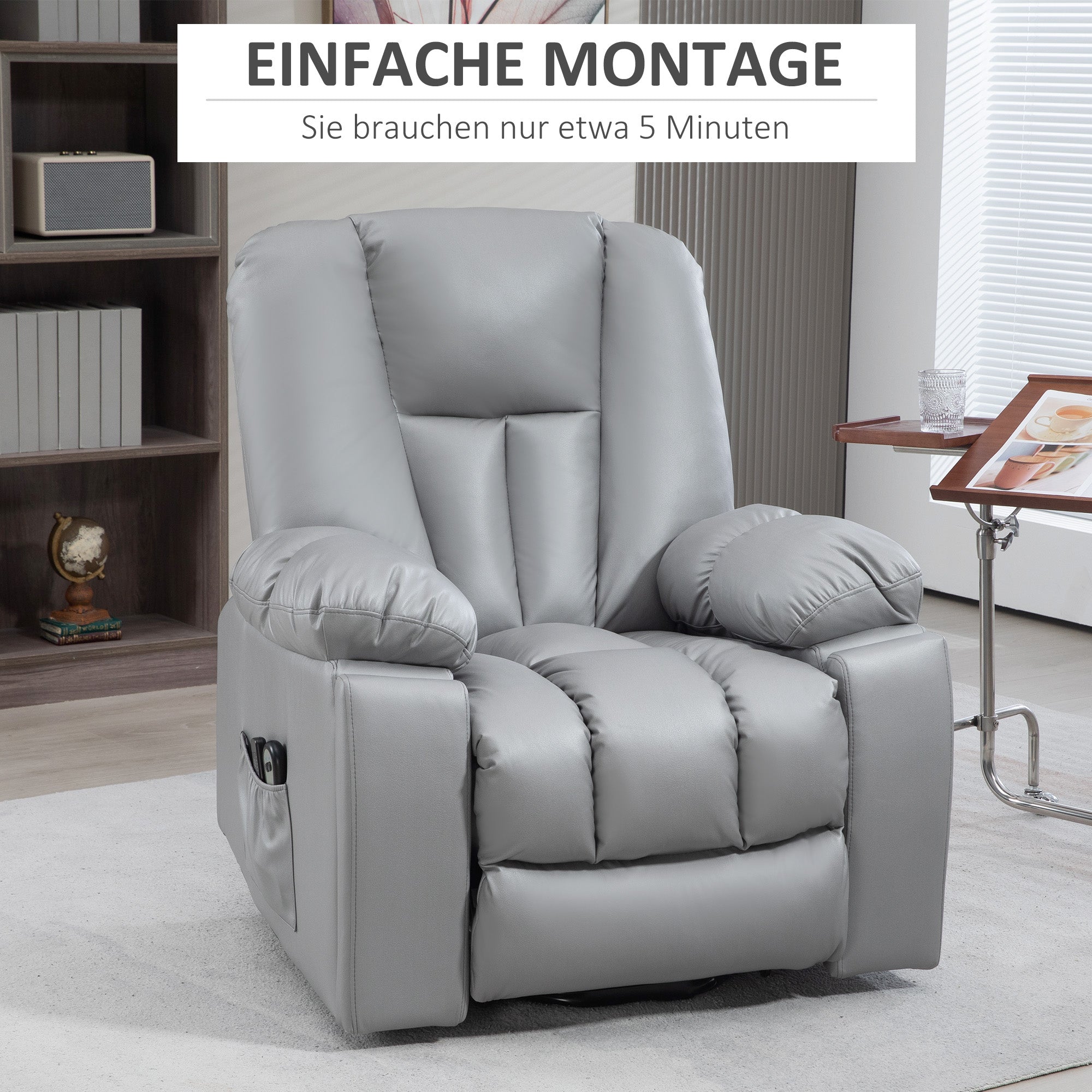HOMCOM Massagesessel Relaxsessel Seniorensessel, Fernbedienung, Seitentaschen, 94 cm x 96 cm x 106 cm, Dunkelgrau