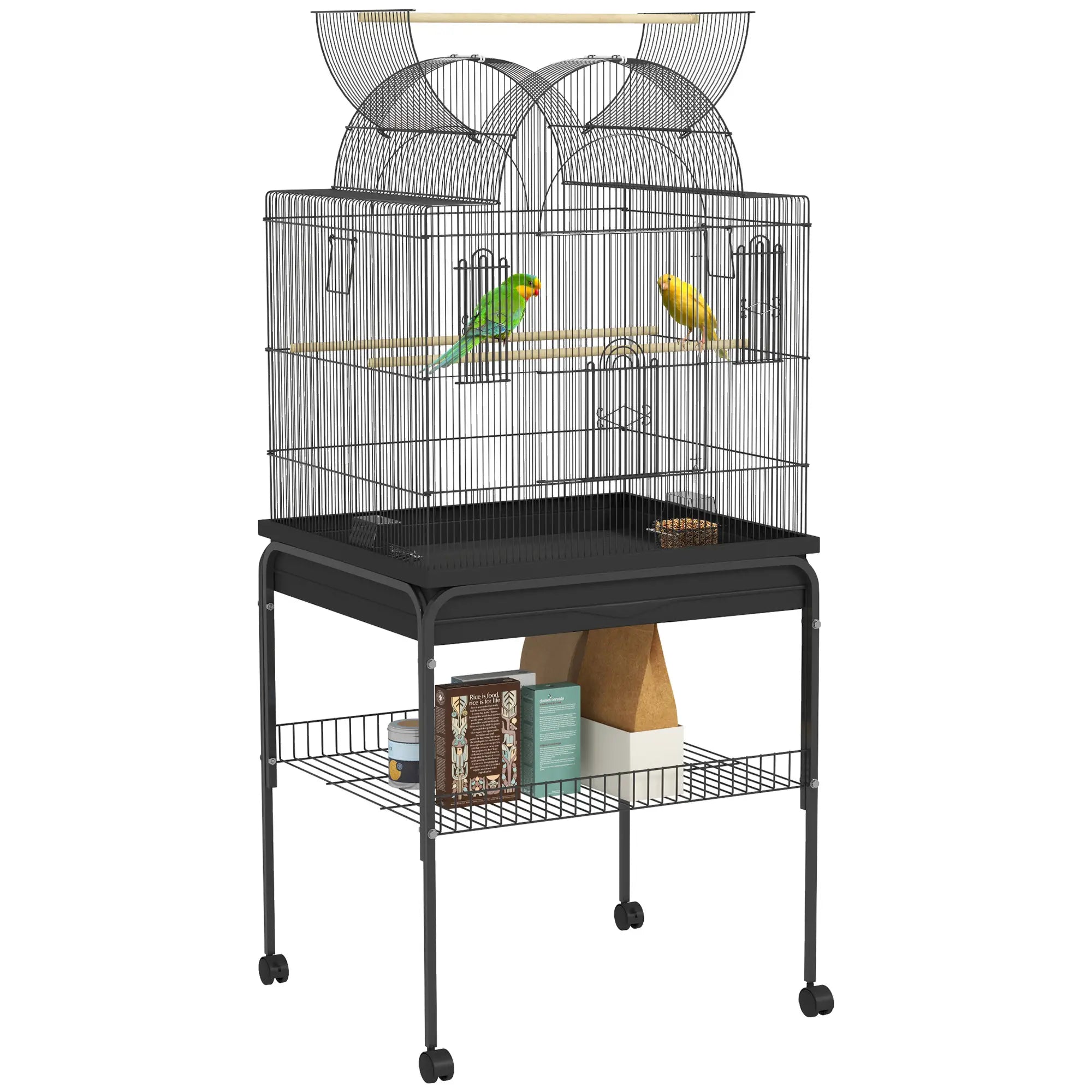 PawHut Vogelkäfig für Kanarienvögel & Wellensittiche, mobil, mit Bodenfach, Metallgitter, Schwarz