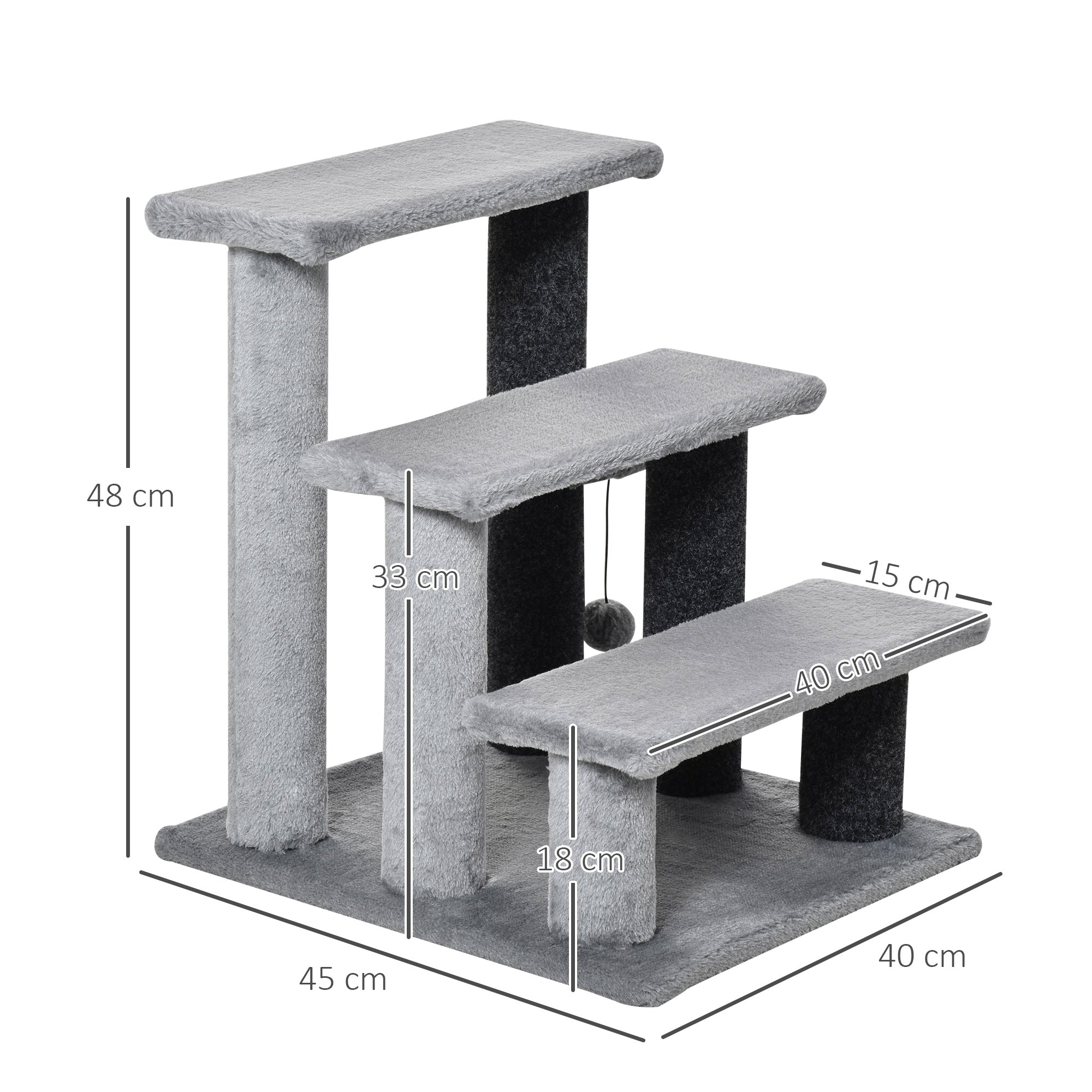 PawHut Katzentreppe 3-stufige Haustiertreppe mit Kratzsäulen Ball Hundetreppe Tiertreppe für Katzen bis 5 kg Plüsch Jute Grau 45 x 40 x 48 cm