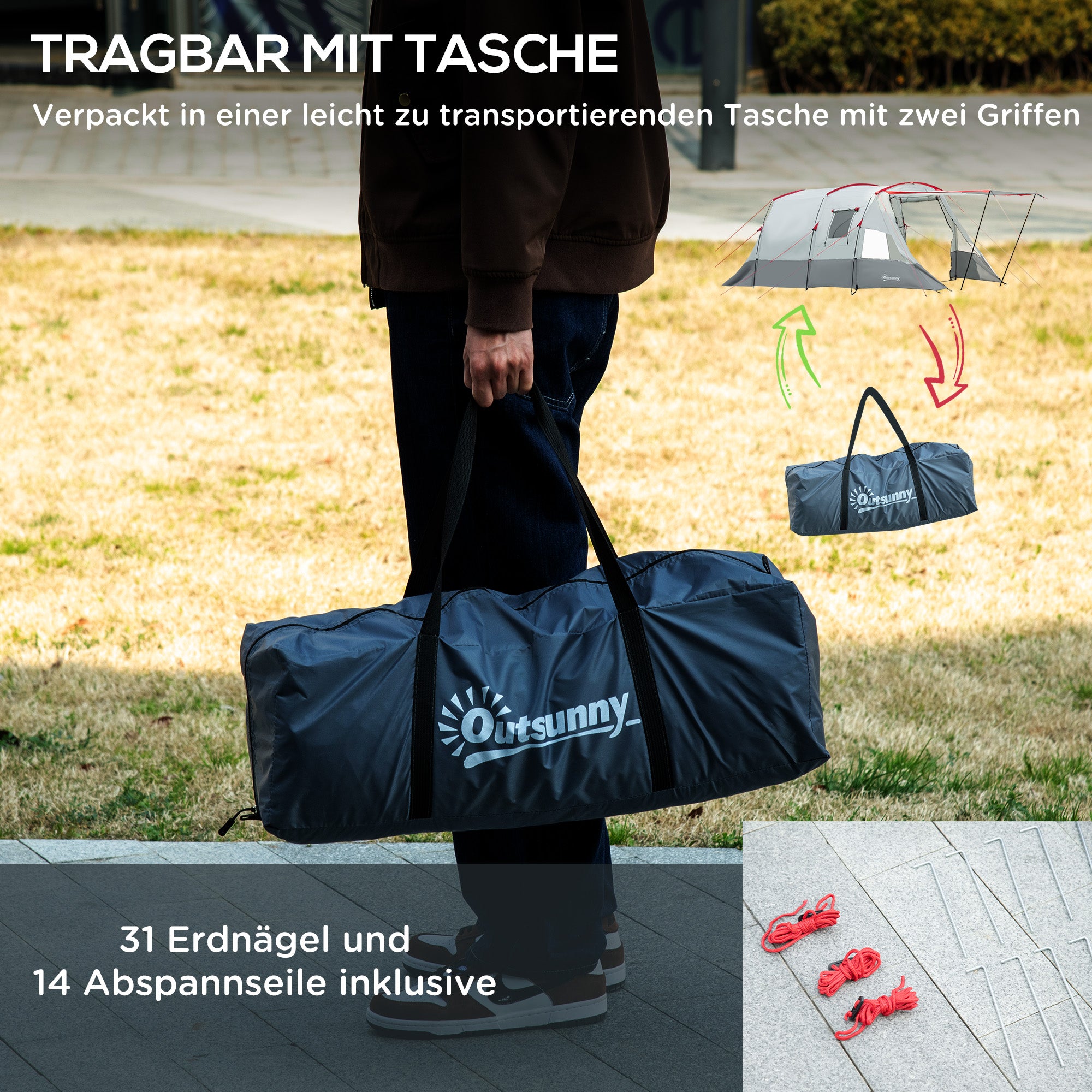 Outsunny Campingzelt, für 6-8 Personen, zwei Räume, Lampenhaken, mit Tragetasche, grau, 5,10x2,40x1,80m