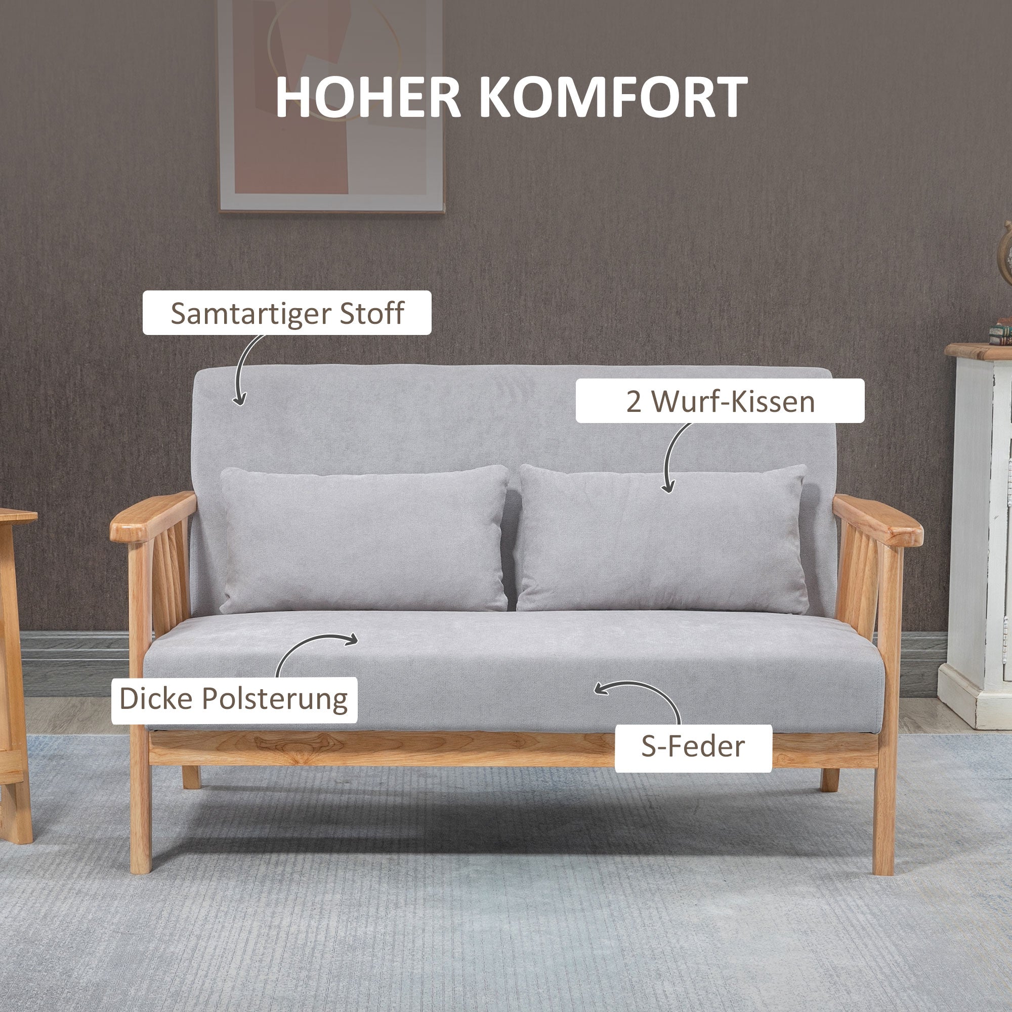 HOMCOM Sofa Relaxsofa 2-Sitzersofa, inkl. 2 Kissen, Samtoptik, Kautschukholz, 130 cm x 75 cm x 78 cm, Grau + Natur