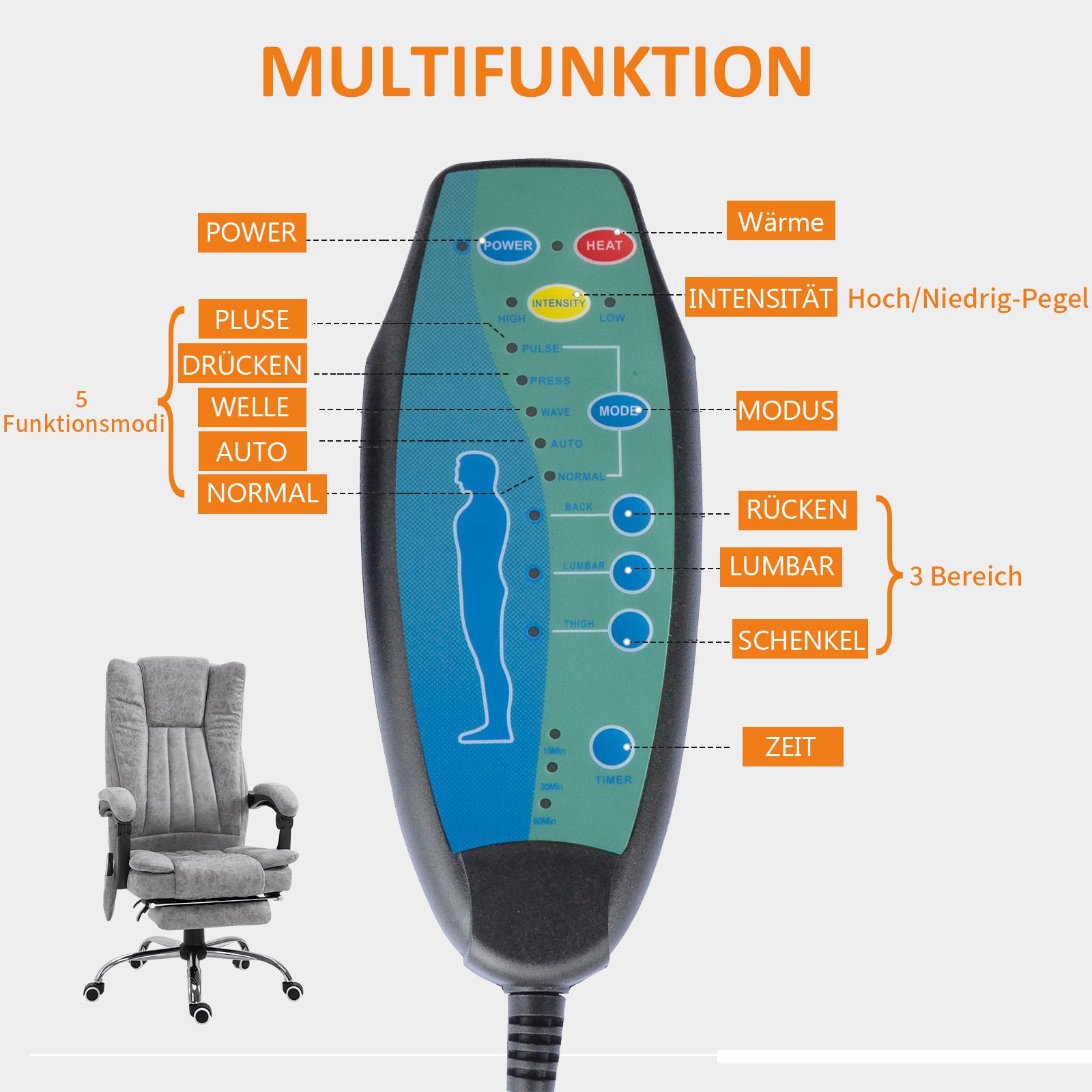 Vinsetto Bürostuhl mit Massagefunktion, Ergonomischer Schreibtischstuhl mit Heizfunktion, Liegefunktion, Höhenverstellbarer Drehstuhl mit Fußstütze, Seitentasche, Grau