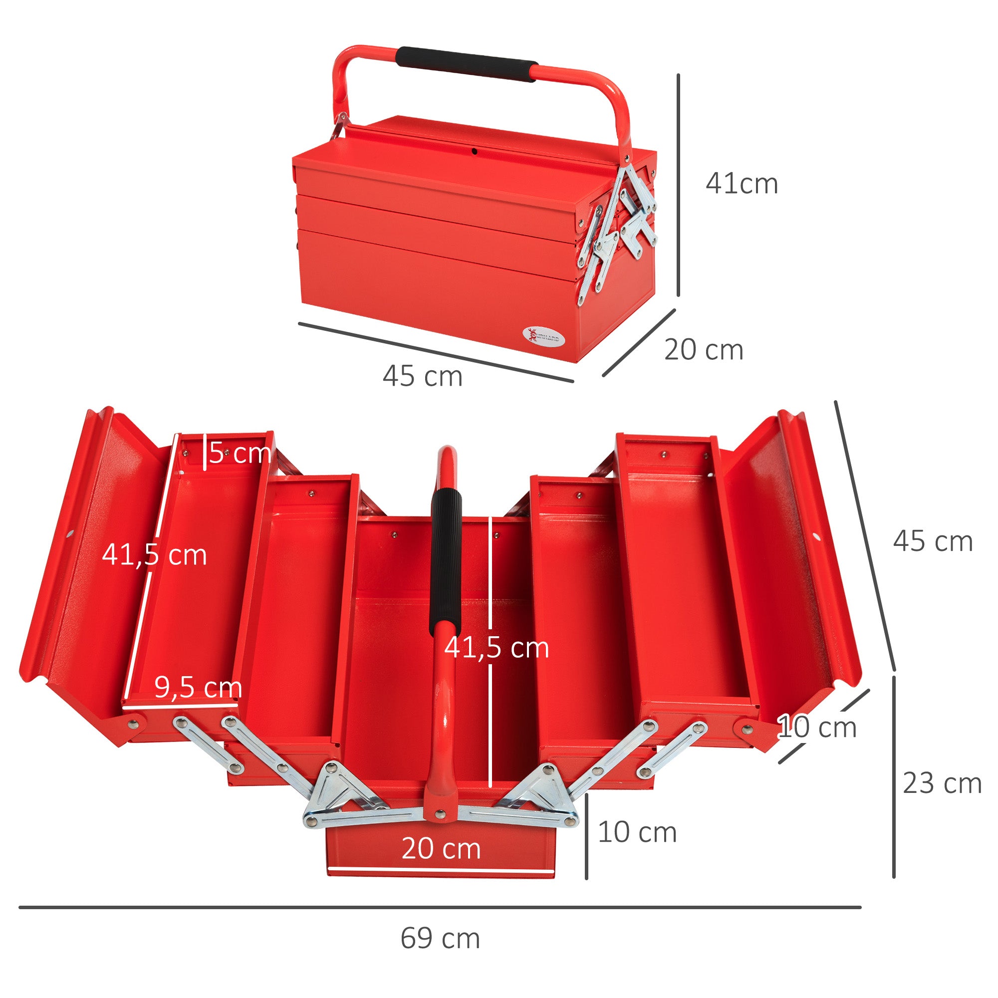 DURHAND Werkzeugkasten Werkzeugkoffer mit 5 Fächern 45 x 20 x 34,5cm Stahl Rot