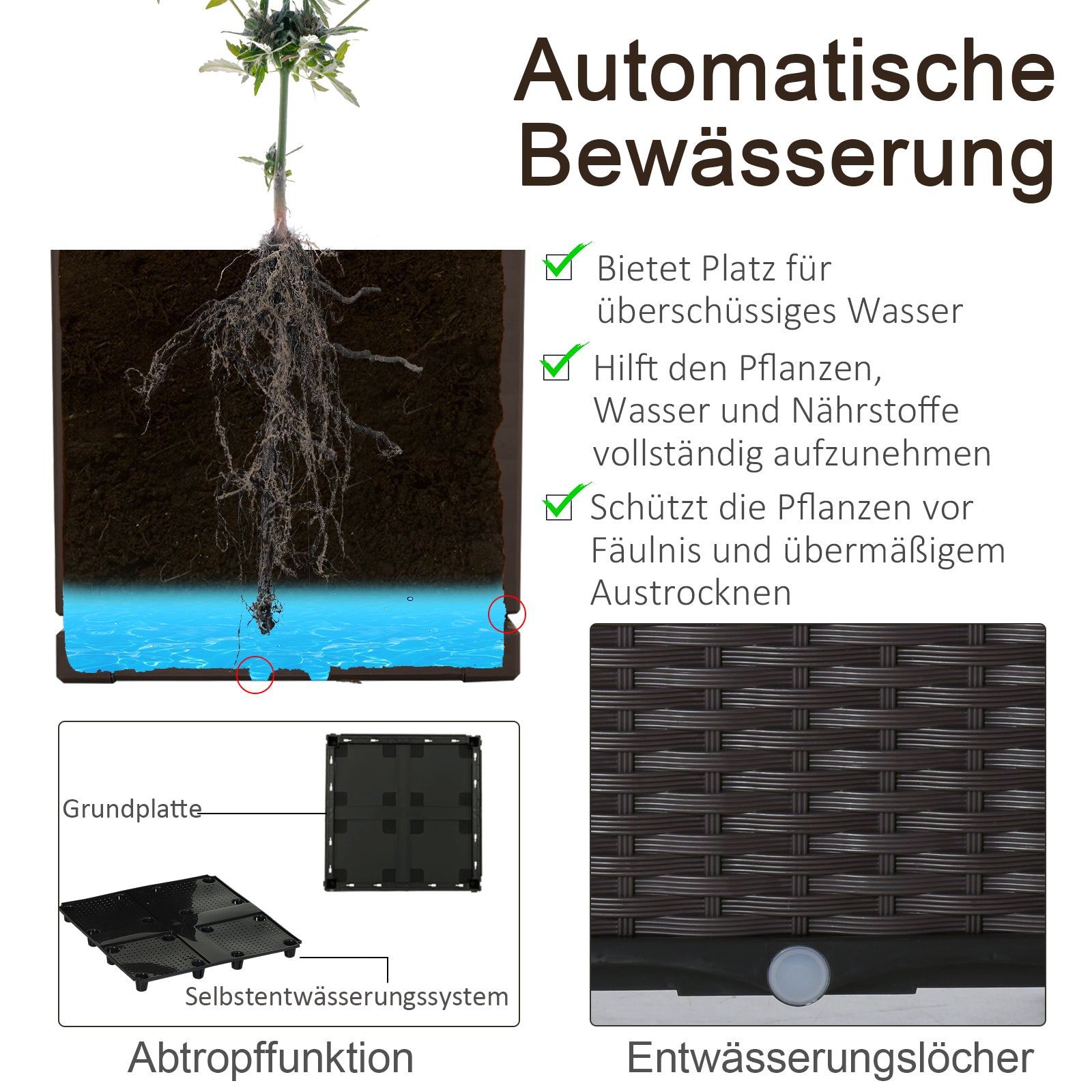 Outsunny Hochbeet 4-teiliger Pflanzkasten mit Abflusslöchern Rattan-Look Blumenkasten DIY Braun 40 x 40 x 44 cm