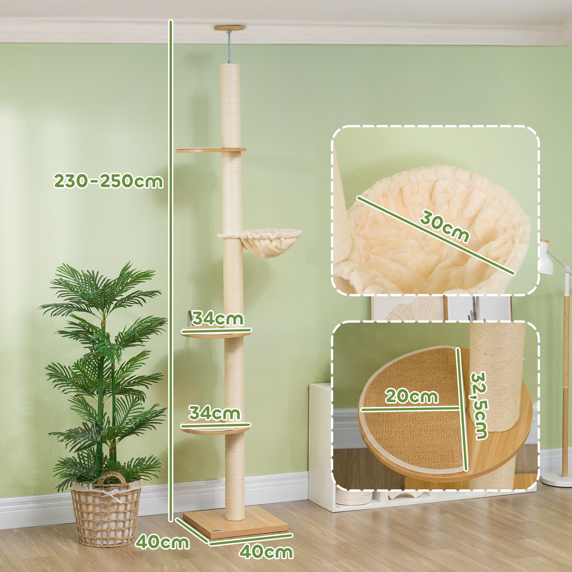 PawHut Deckenhoher Kratzbaum, Anti-Kipp-Sicherung, Sisal-Seilpfosten, Holzwerkstoff, Eiche+Cremeweiß