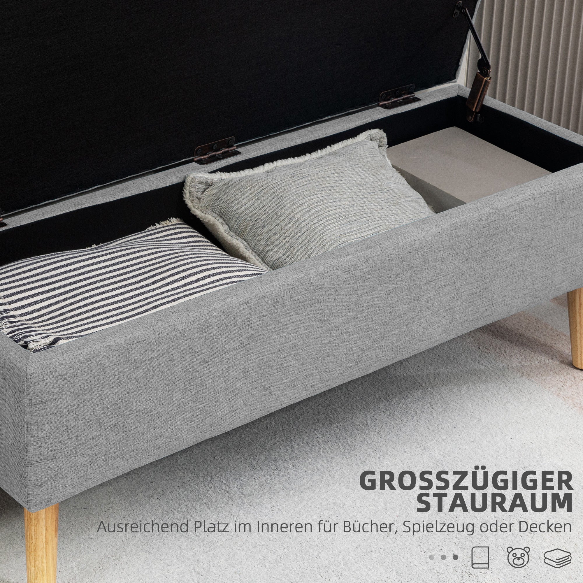 HOMCOM Polsterbank mit Stauraum, Bezug in Leinenoptik, Kautschukholzbeine, bis 220 kg, 110x39x45cm, Grau