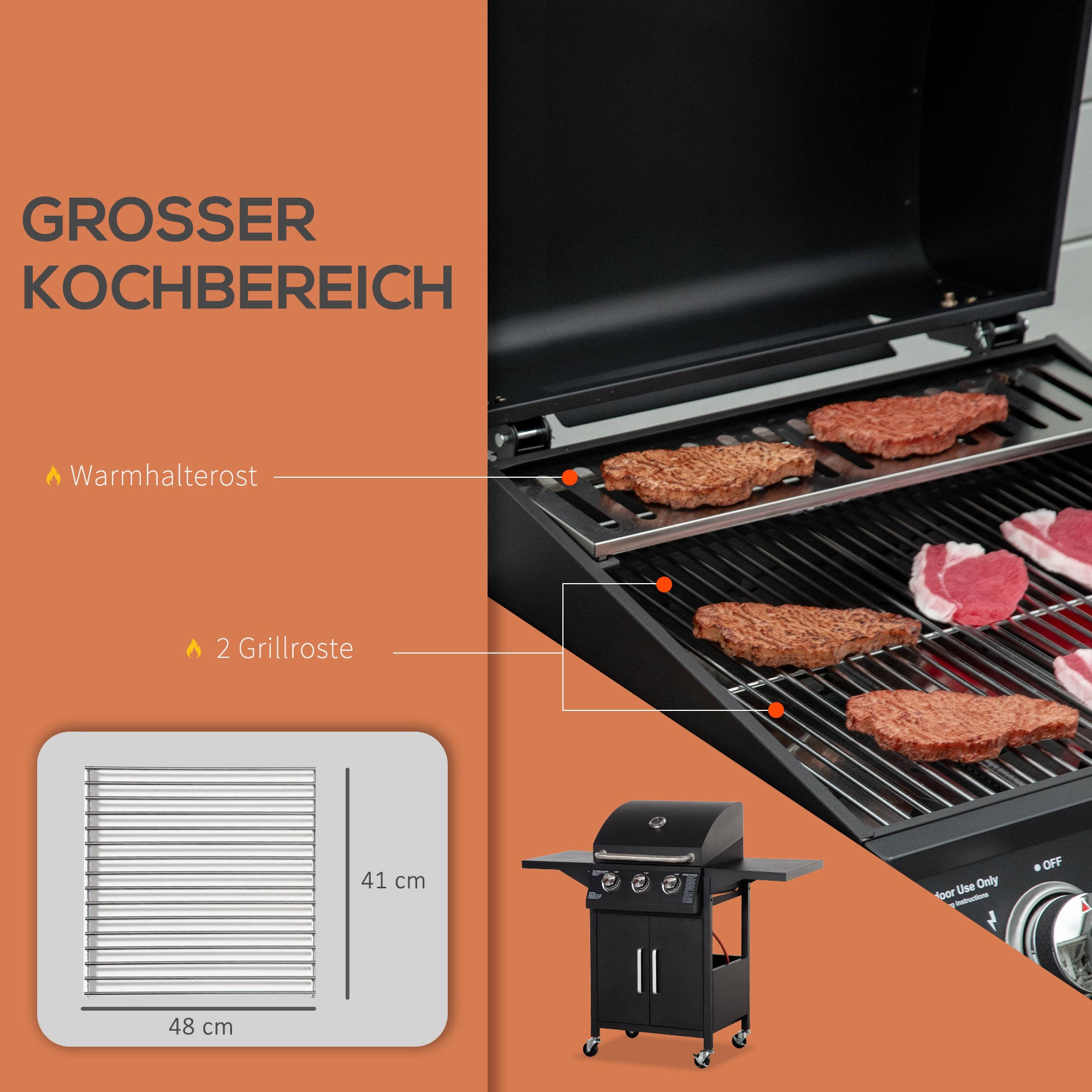 Outsunny Gasgrill, BBQ-Grill mit 3 Brennern je 2,9 kw, 4 Räder, Schwarz