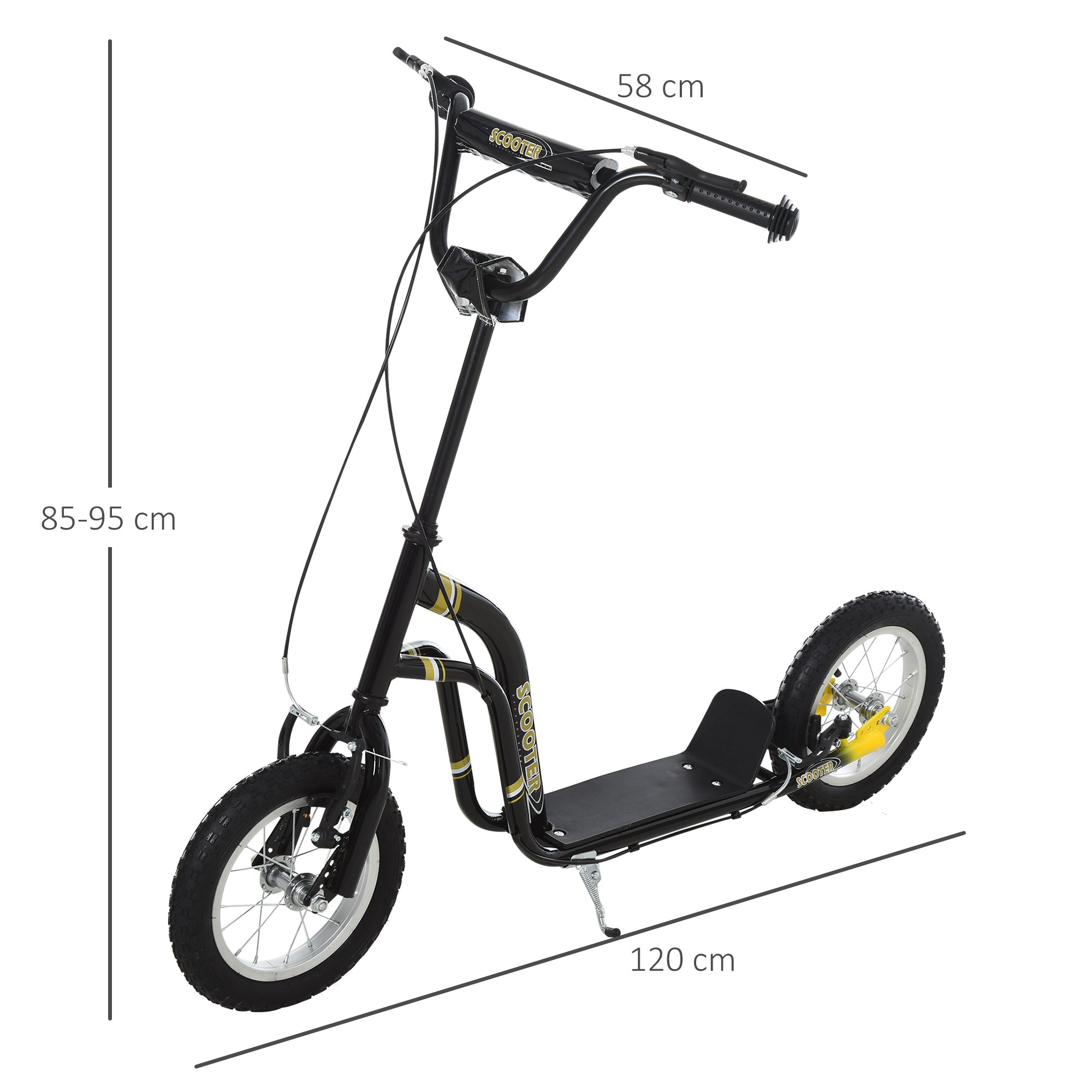 HOMCOM Kinderroller ab 5 Jahre Scooter Kinderscooter Tretroller Cityroller Kinder Roller Kickboard mit Luftreifen 12 Zoll Gummi Aluminium Schwarz 120 x 58 x 85-95 cm