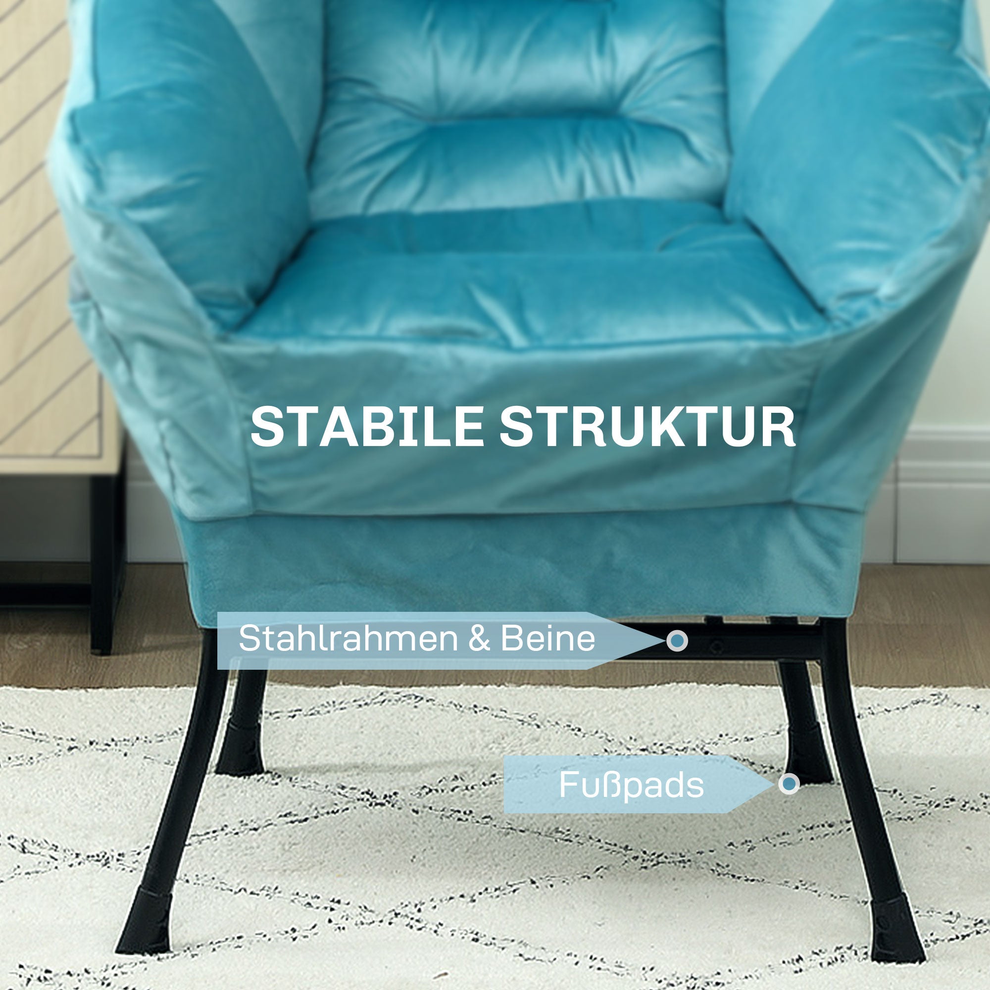 HOMCOM Moderner Akzentstuhl, Polsterstuhl mit Stahlbeinen und Seitentaschen, für Wohnzimmer, Schlafzimmer, Blau