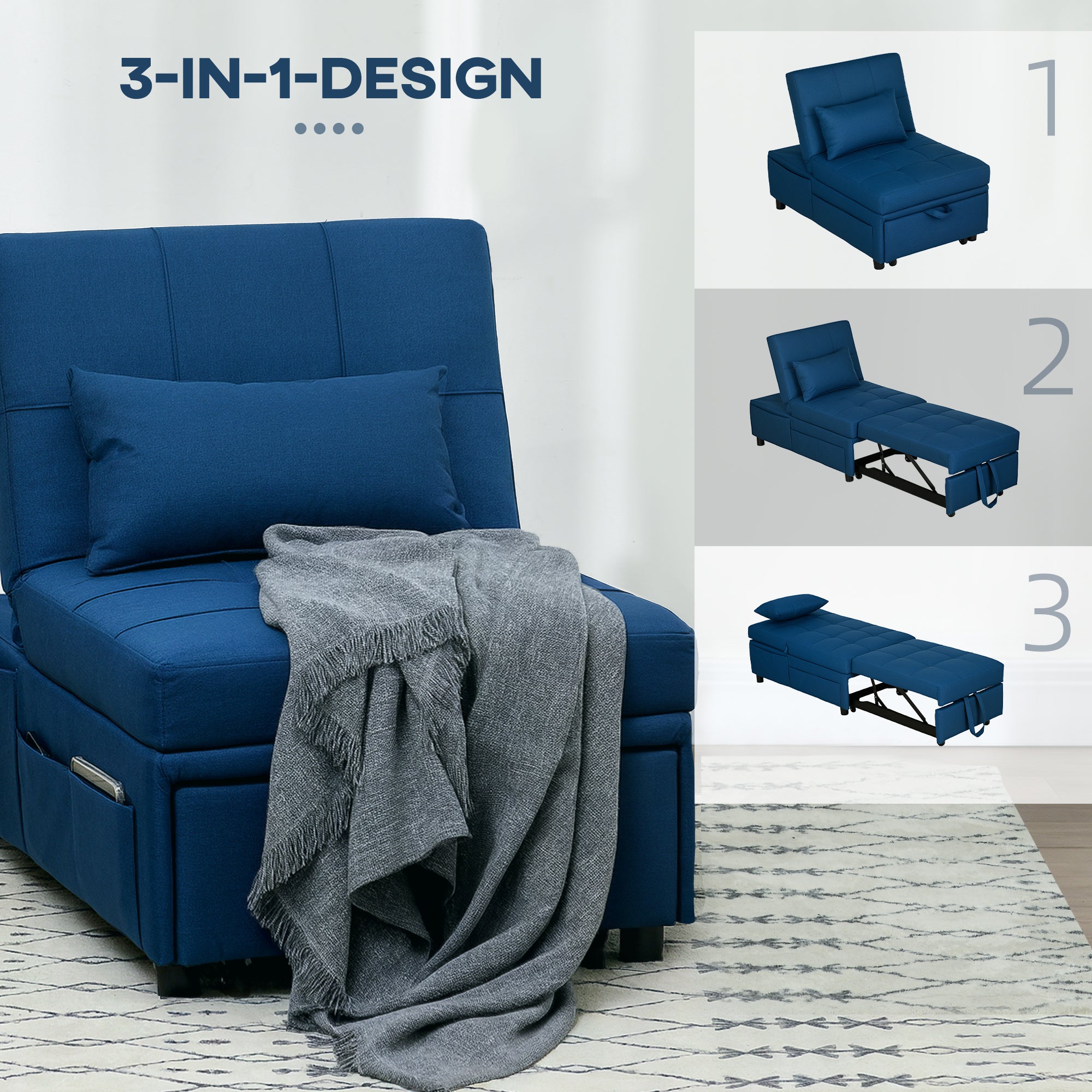 HOMCOM 3-in-1 Klappsessel mit Seitentasche, Gästebett mit Kissen, Verstellbarer Rückenlehne, Bettsessel mit Rollen, Blau