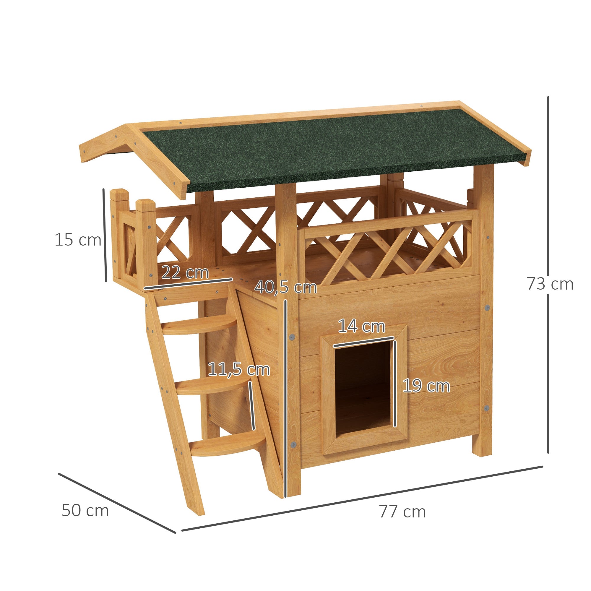 PawHut Katzenhaus Katzenhütte Haustierhütte, Asphaltdach, 2 Ebenen, 1 Leiter, Natur + Grün